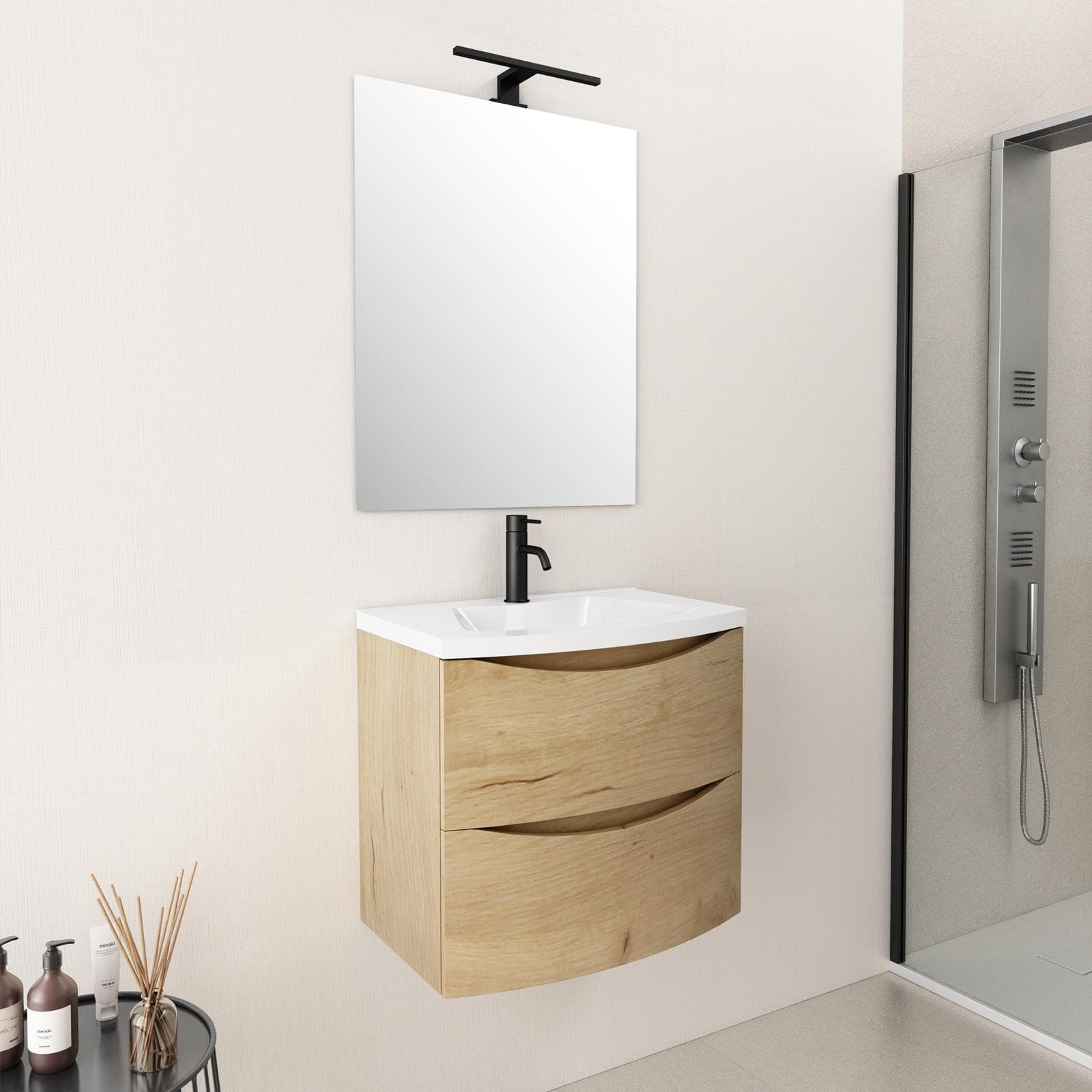 Mobile bagno sospeso 60 cm rovere europeo con lavabo e cassettoni - Jasmine