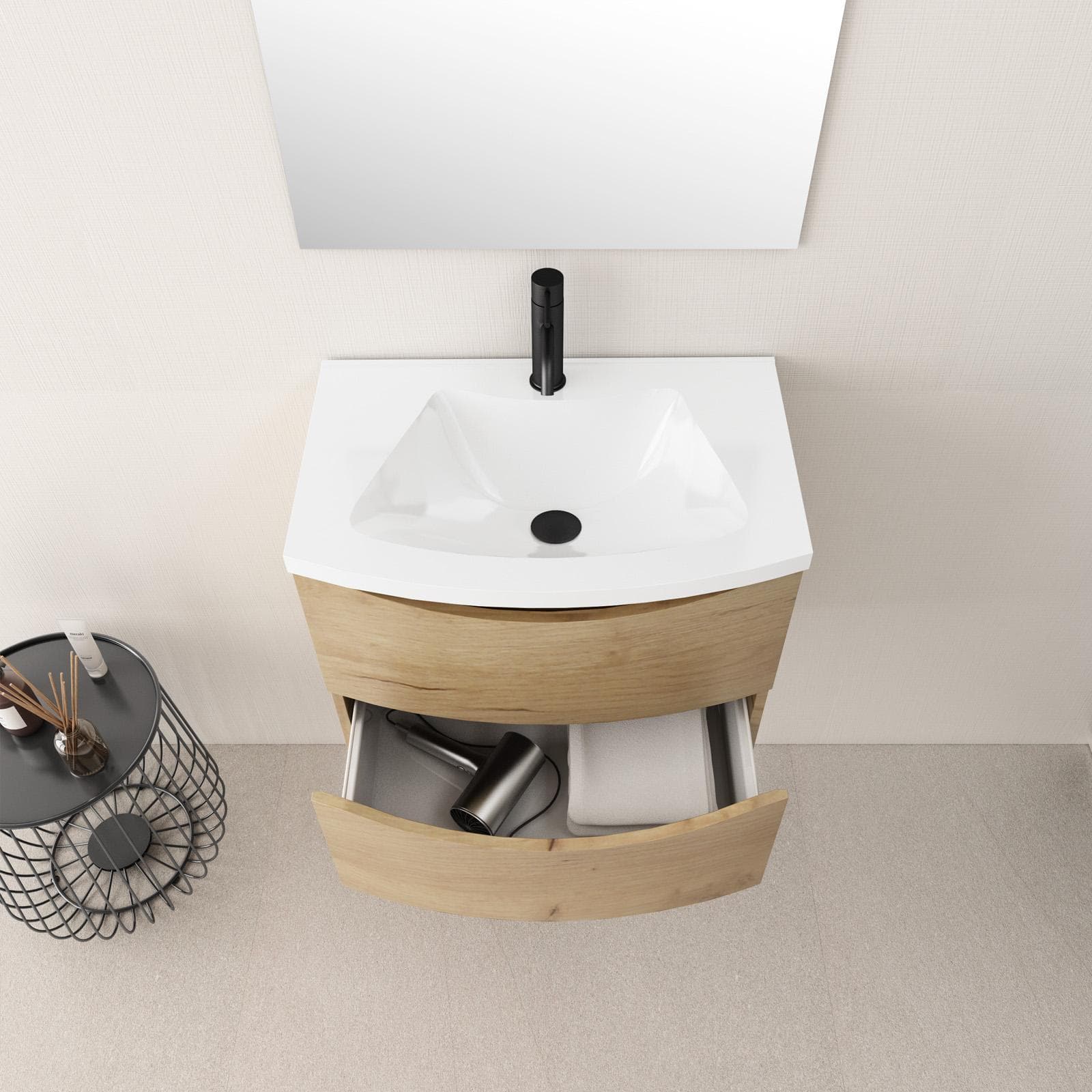 Mobile bagno sospeso 60 cm rovere europeo con lavabo e cassettoni - Jasmine