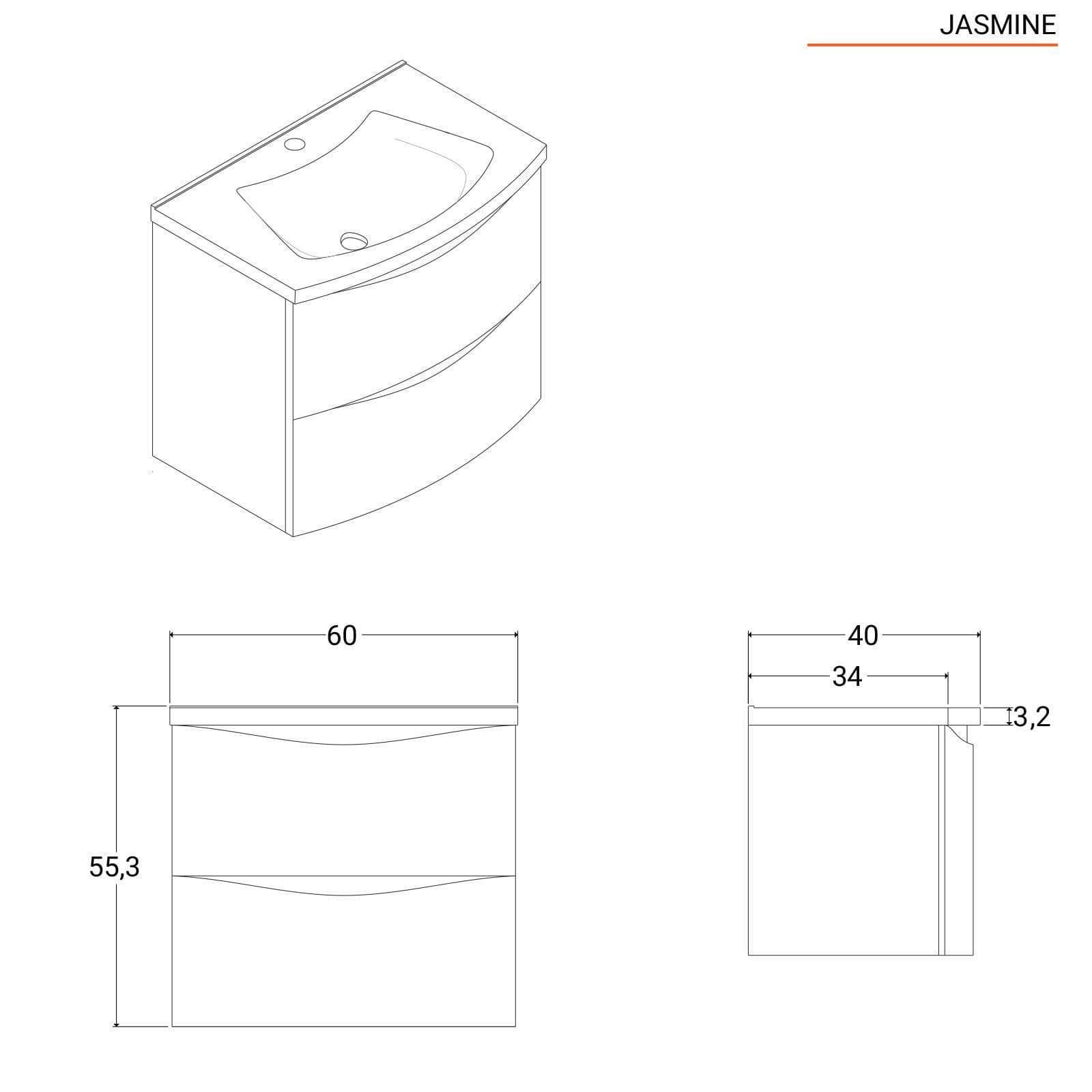Mobile bagno sospeso 60 cm rovere europeo con lavabo e cassettoni - Jasmine