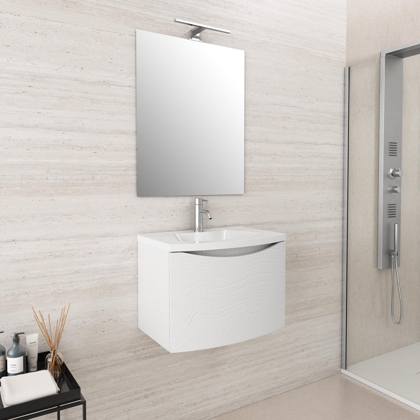 Mobile bagno sospeso 60 cm effetto legno sbiancato con lavabo - Jasmine