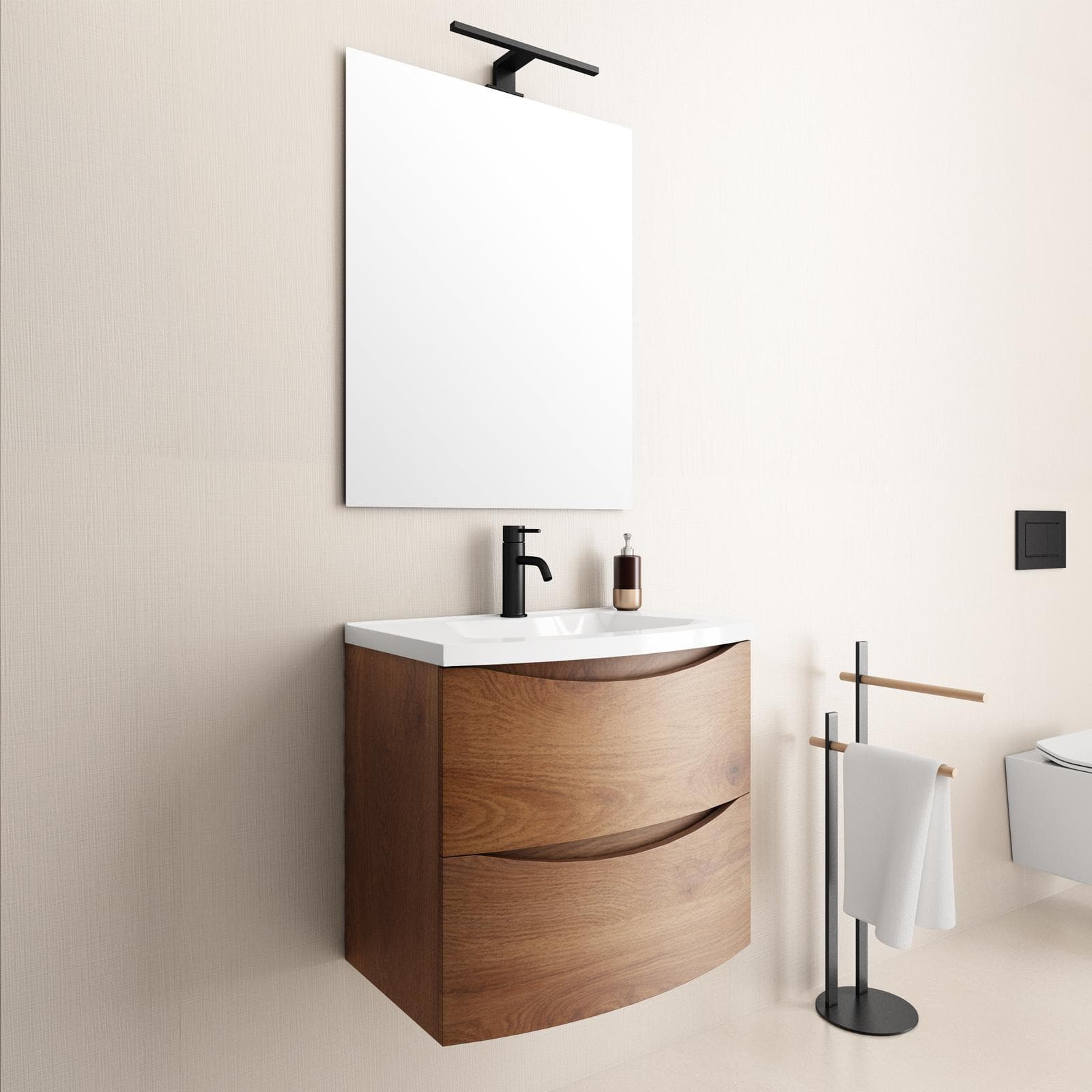 Mobile bagno sospeso 60 cm noce nativo con lavabo e cassettoni - Jasmine