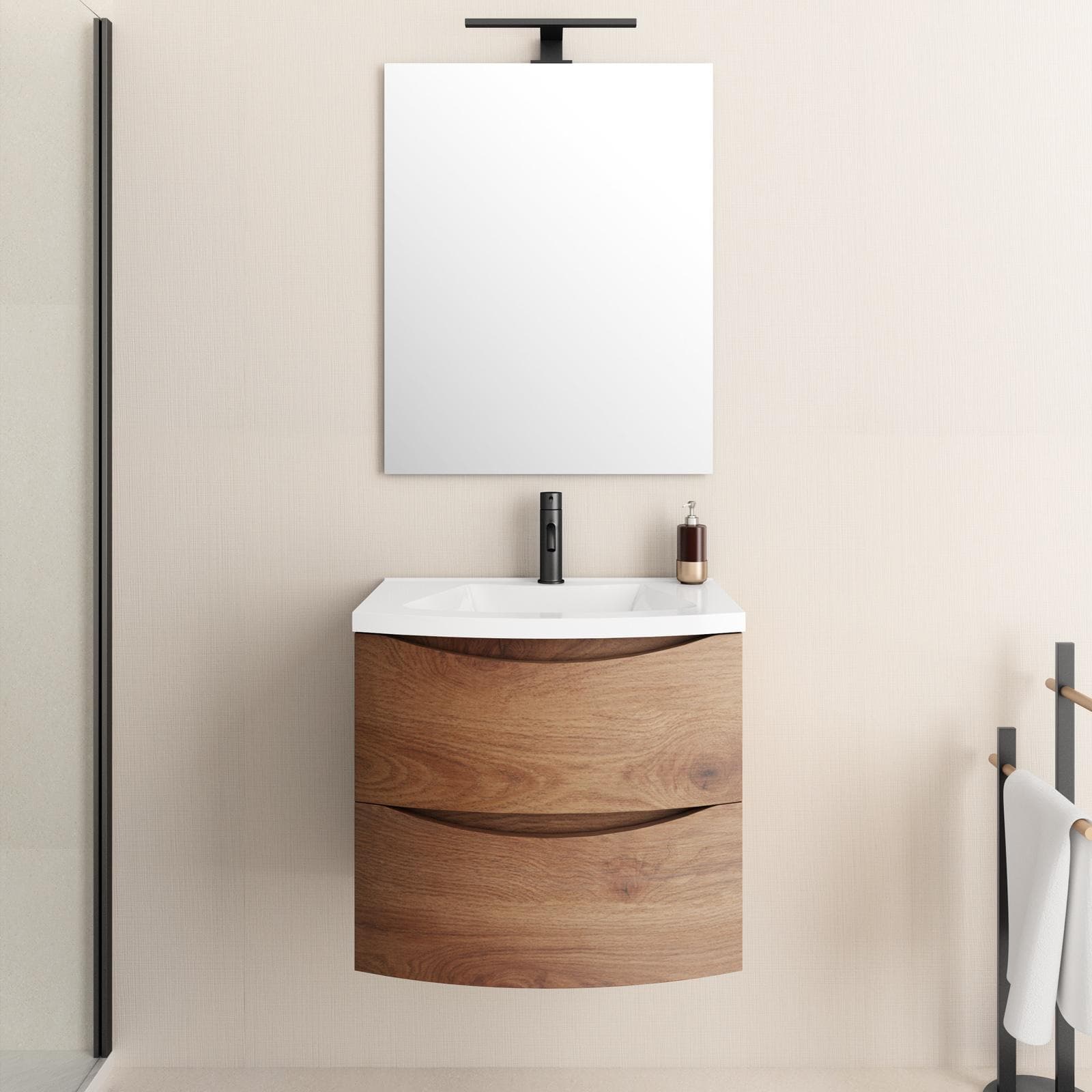 Mobile bagno sospeso 60 cm noce nativo con lavabo e cassettoni - Jasmine