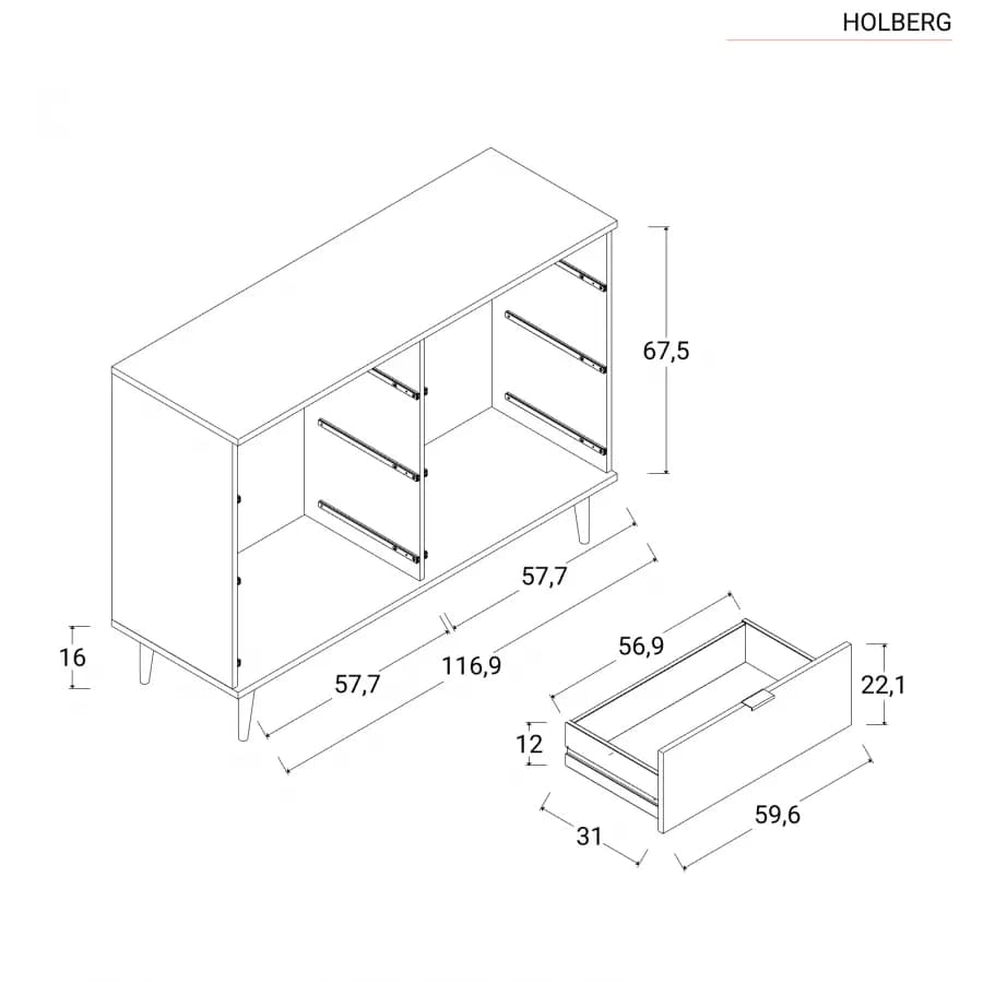 Cassettiera 120x87h cm in legno bianco e rovere sonoma con 6 cassetti - Holberg