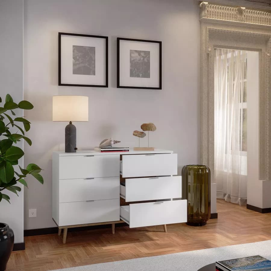 Cassettiera 120x87h cm in legno bianco e rovere sonoma con 6 cassetti - Holberg