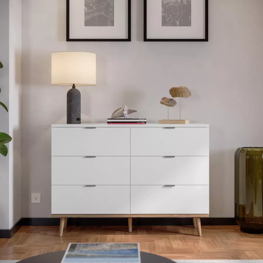 Cassettiera 120x87h cm in legno bianco e rovere sonoma con 6 cassetti - Holberg