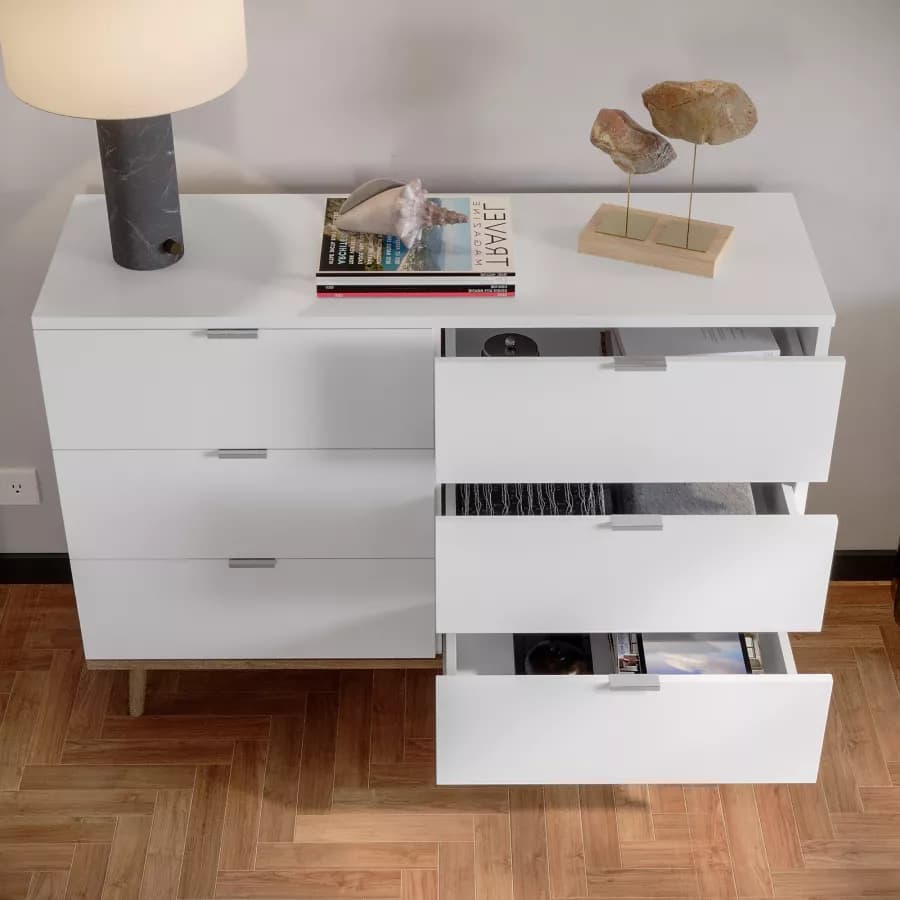 Cassettiera 120x87h cm in legno bianco e rovere sonoma con 6 cassetti - Holberg