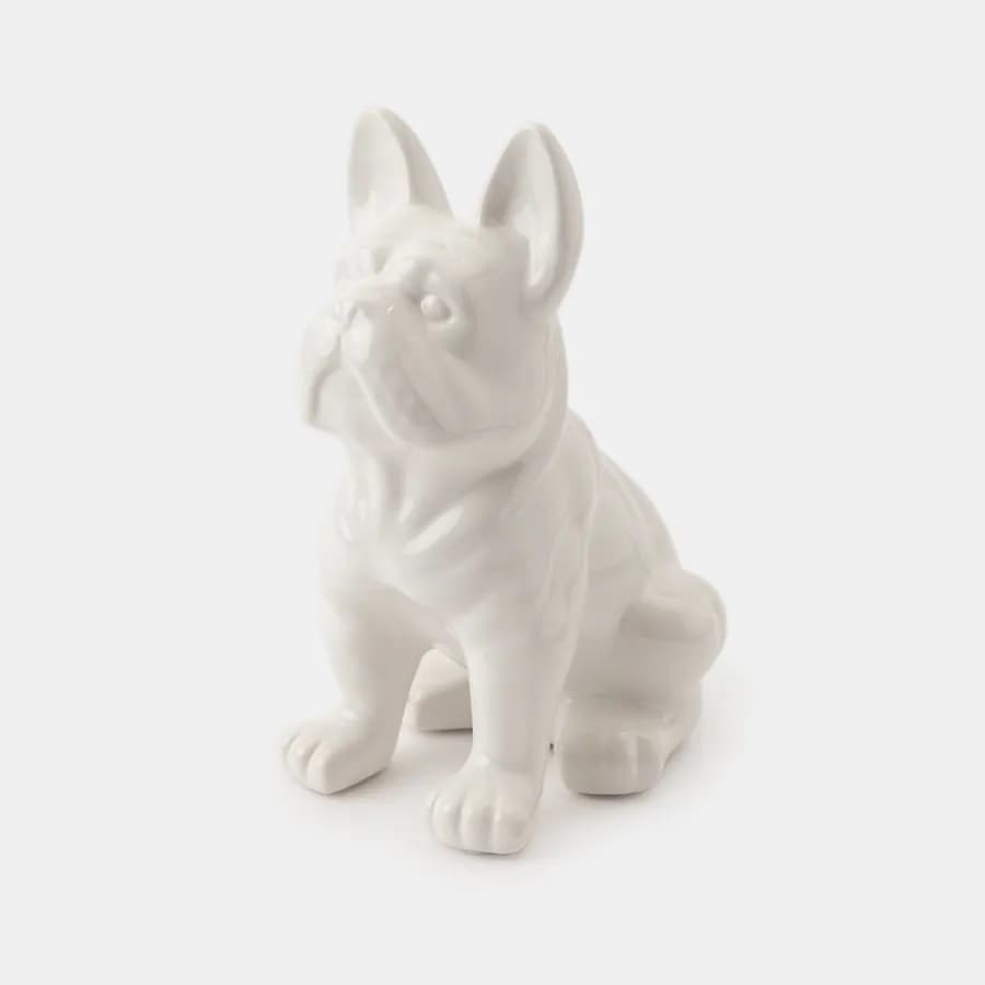 Figura decorativa a forma di bulldog in gres porcellanato bianco lucido