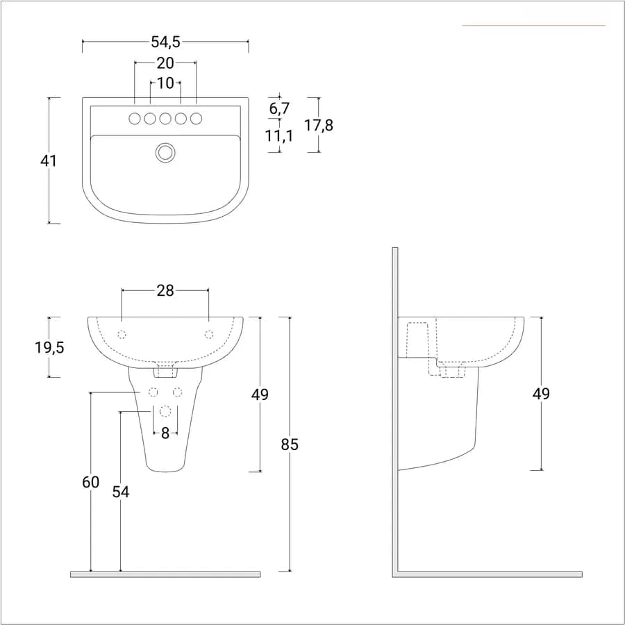 Lavabo arredo bagno con semicolonna 54,5 cm ceramica bianca - Miraj