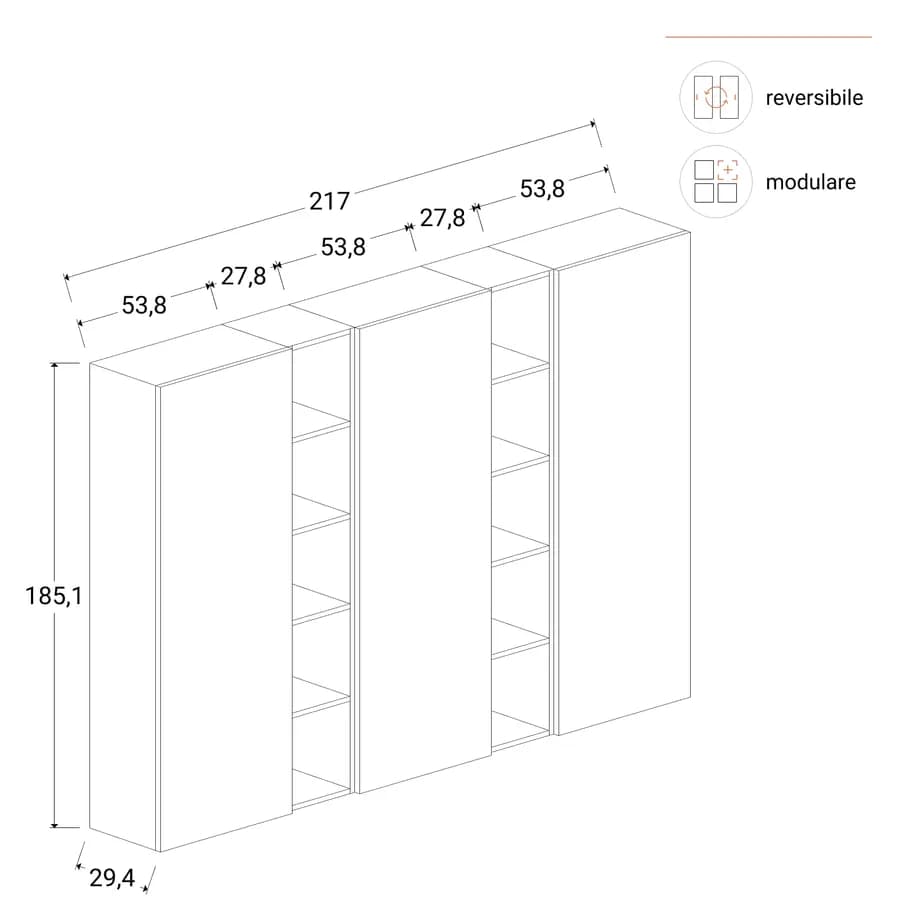 Libreria 217x185h cm 5 elementi mercure con vani a giorno e 3 ante - Clary