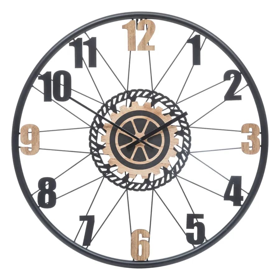 Orologio da parete rotondo 65 cm in metallo nero e legno naturale