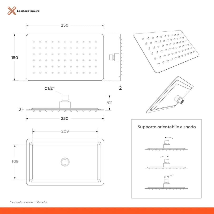 Set incasso doccia con braccio 28 cm soffione doccino e flessibile con presa acqua tonda - Slim