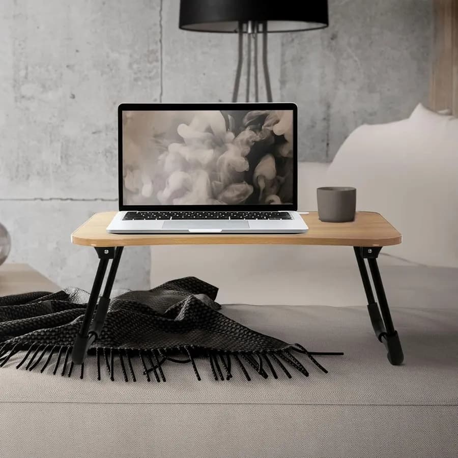 Tavolino pieghevole 48x30 cm in legno naturale e nero con porta tablet