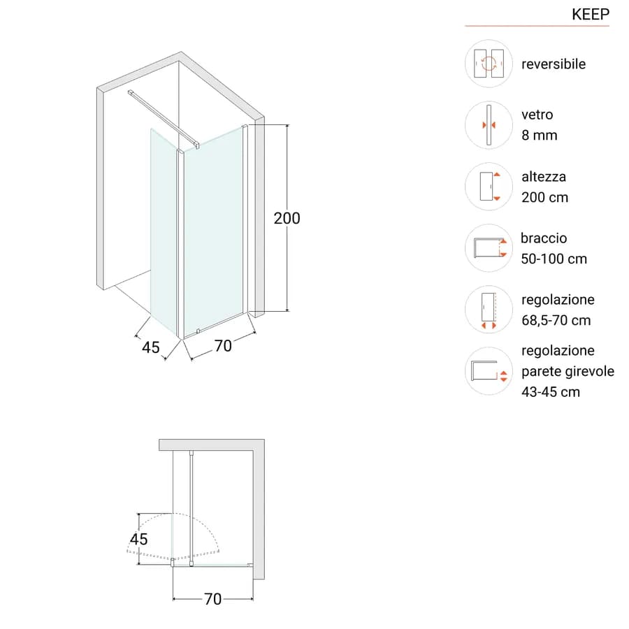 Walk-In 100 cm con parete girevole 45 cm in vetro temperato fumè e profilo nero - Keep