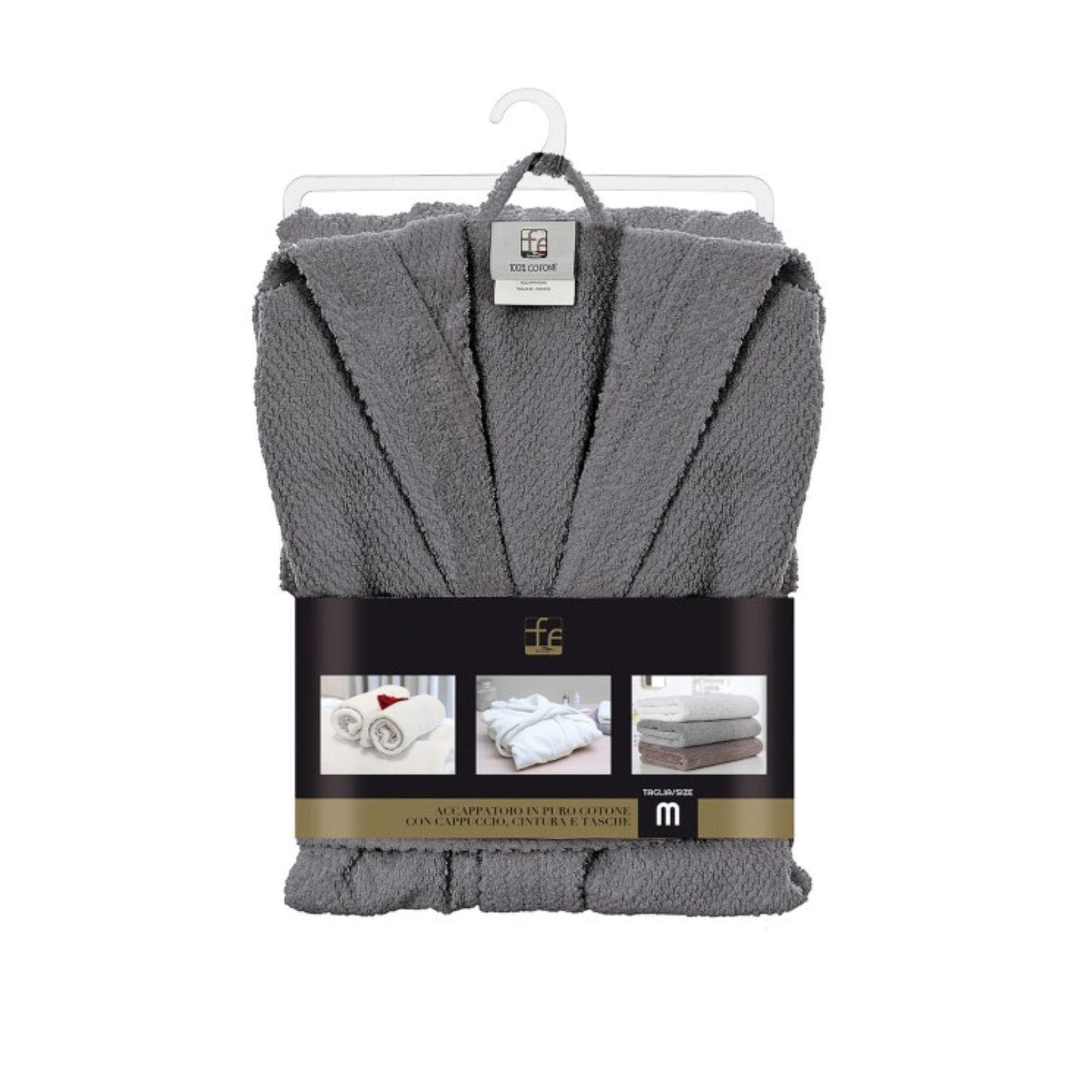 Accappatoio L con tasche e cappuccio in cotone grigio - Gold