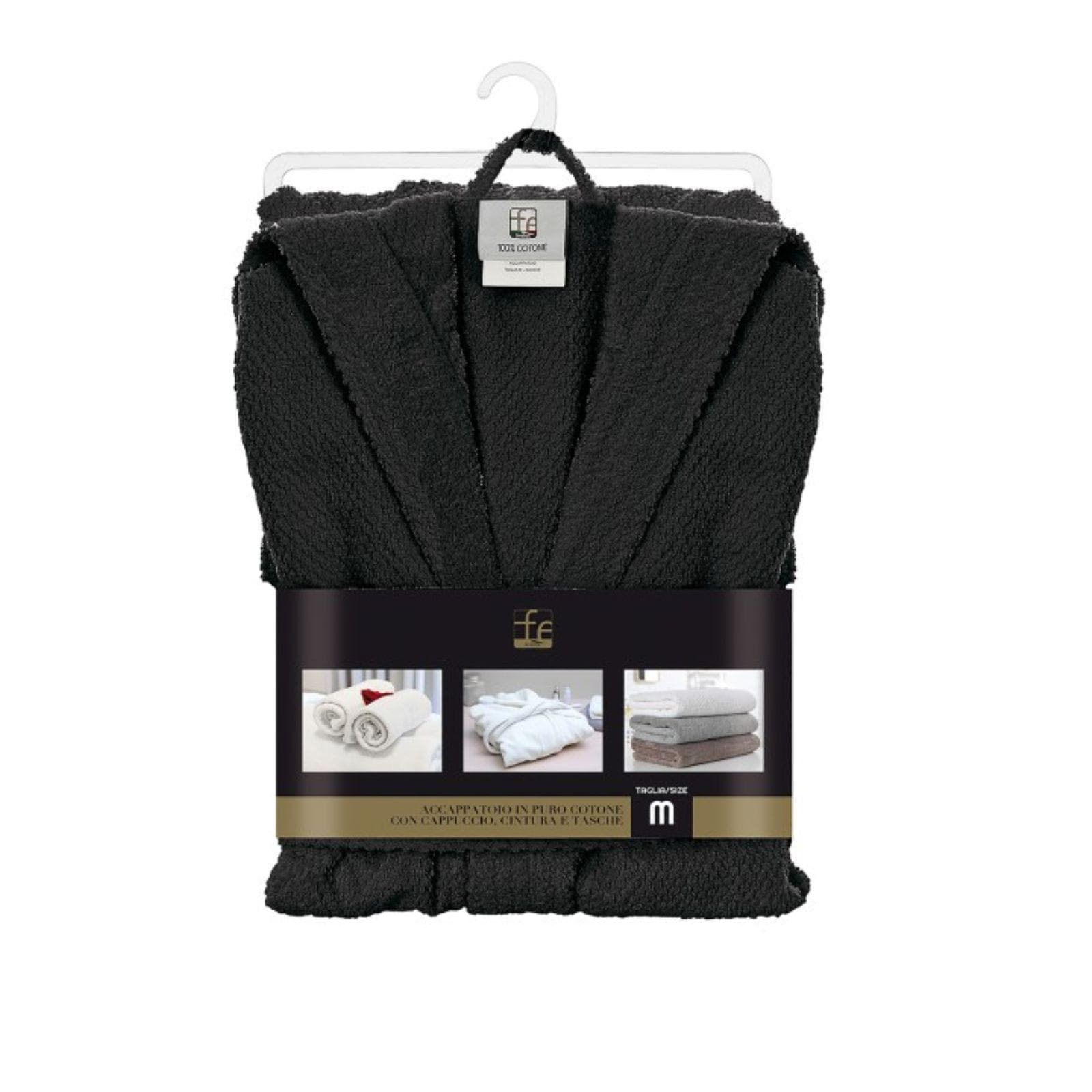 Accappatoio L con tasche e cappuccio in cotone nero - Gold