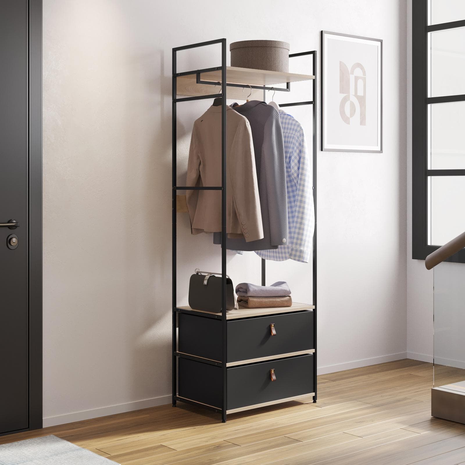 Appendiabiti 60x175h cm ripiani effetto rovere struttura in acciaio nero e 2 cassetti - Duke