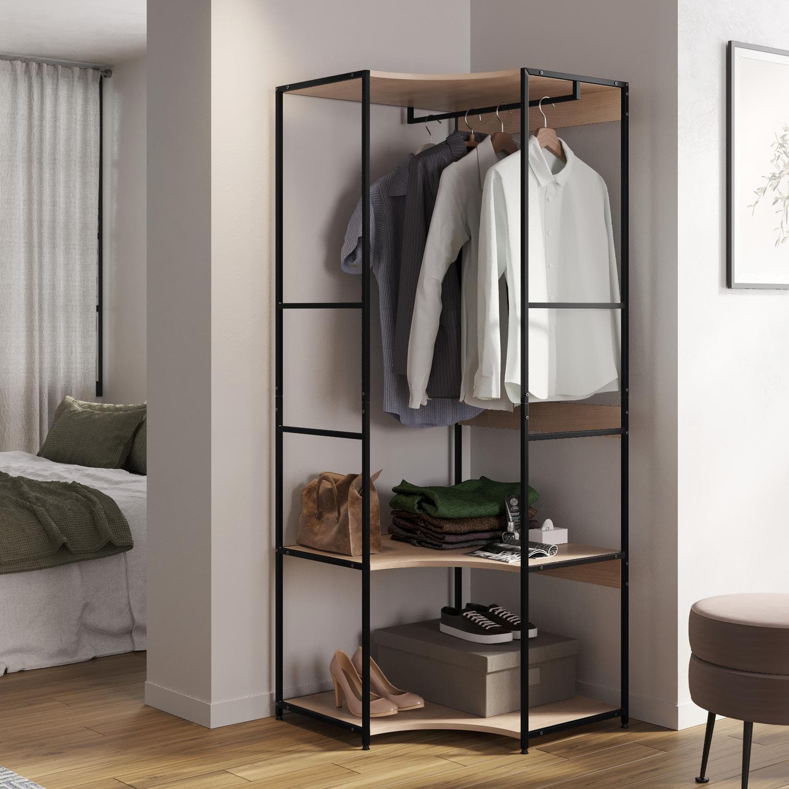 Appendiabiti angolare 80x80 cm con ripiani effetto rovere e struttura in acciaio nero - Duke