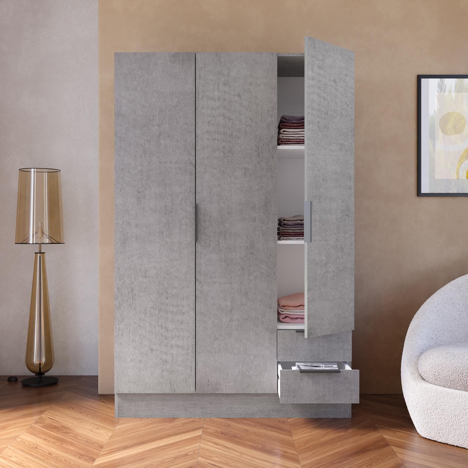 Armadio 120x184h cm grigio cemento con 3 ante e 2 cassetti - Delhi