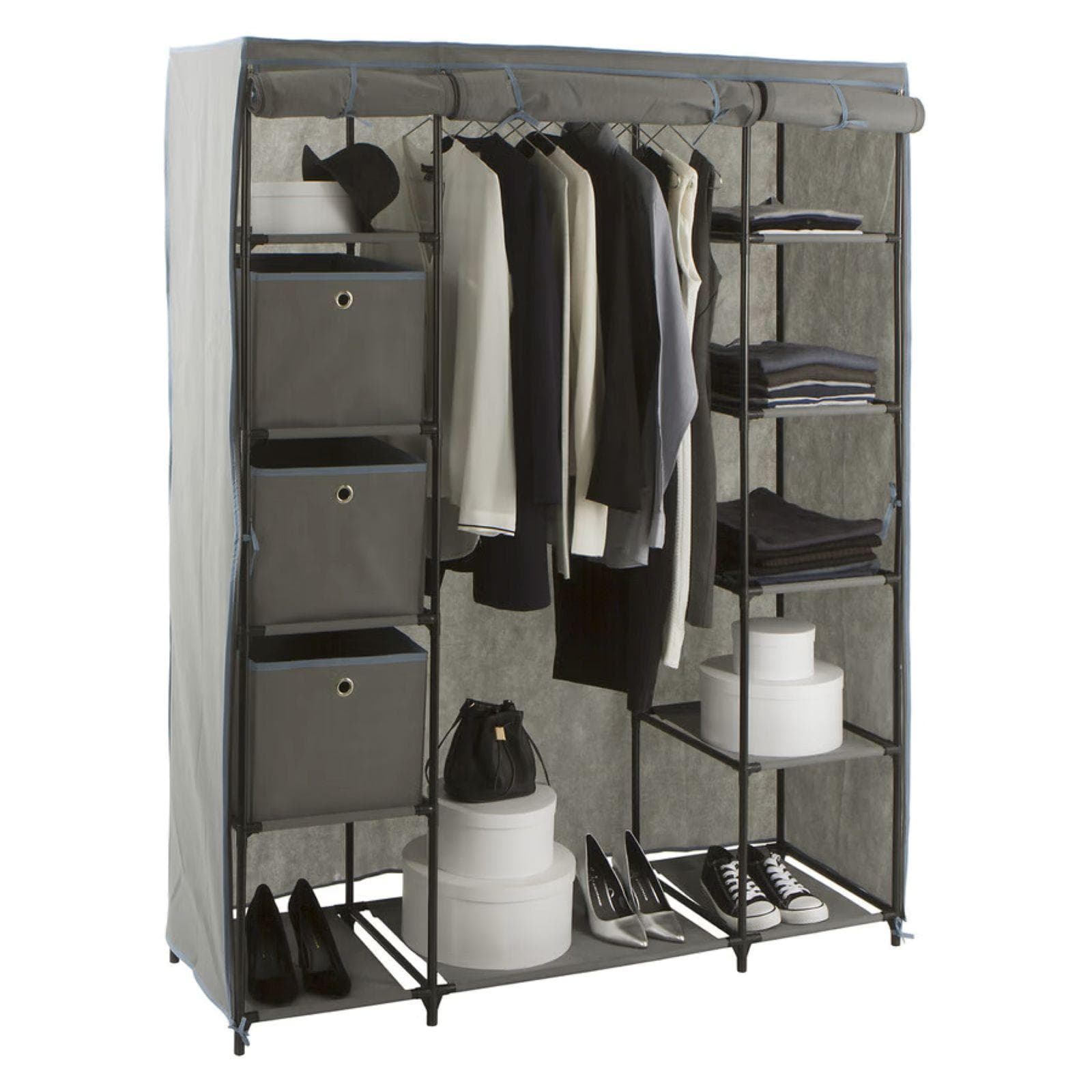 Armadio 135x170h cm in acciaio nero con ripiani e cassetti in tessuto e copertura grigio