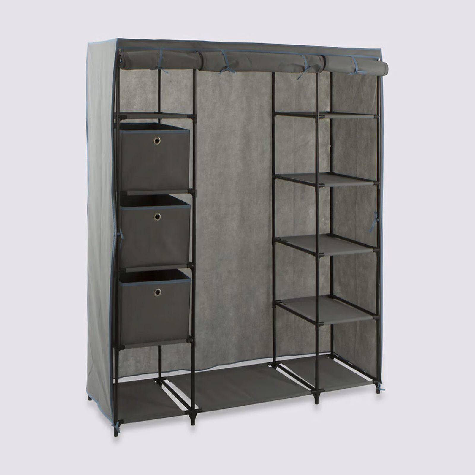 Armadio 135x170h cm in acciaio nero con ripiani e cassetti in tessuto e copertura grigio