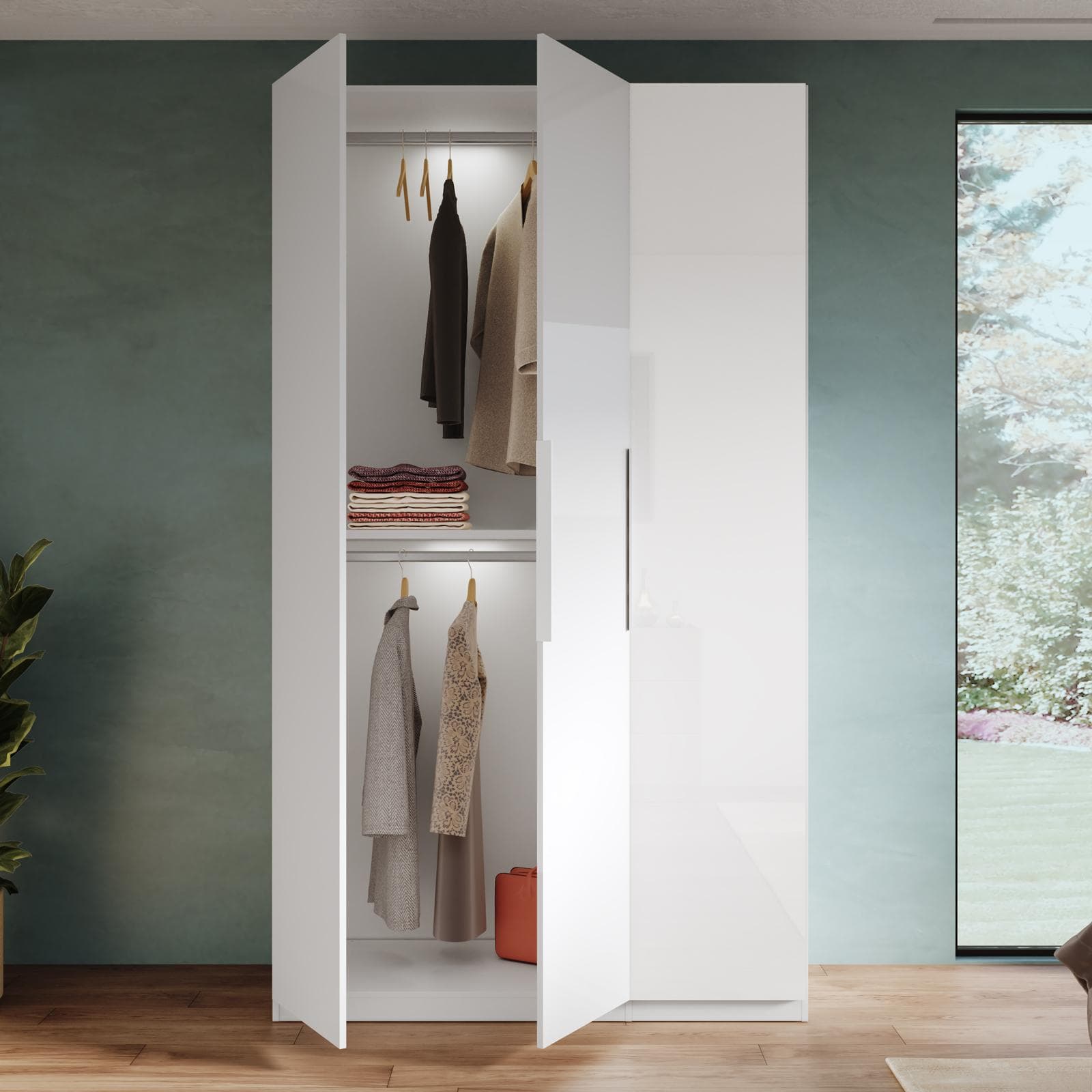 Armadio battente 137x240h cm 3 ante reversibili con soft close bianco lucido - Cindy