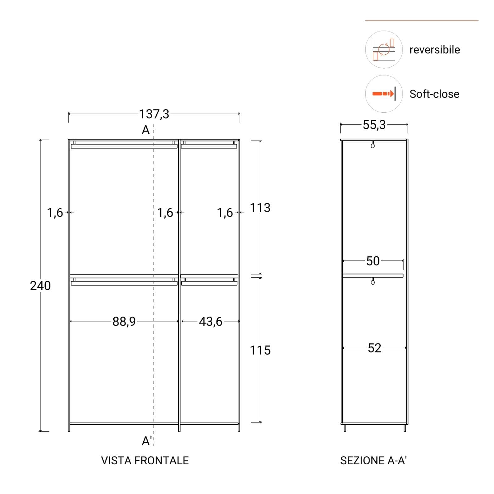 Armadio battente 137x240h cm 3 ante reversibili con soft close bianco lucido - Cindy