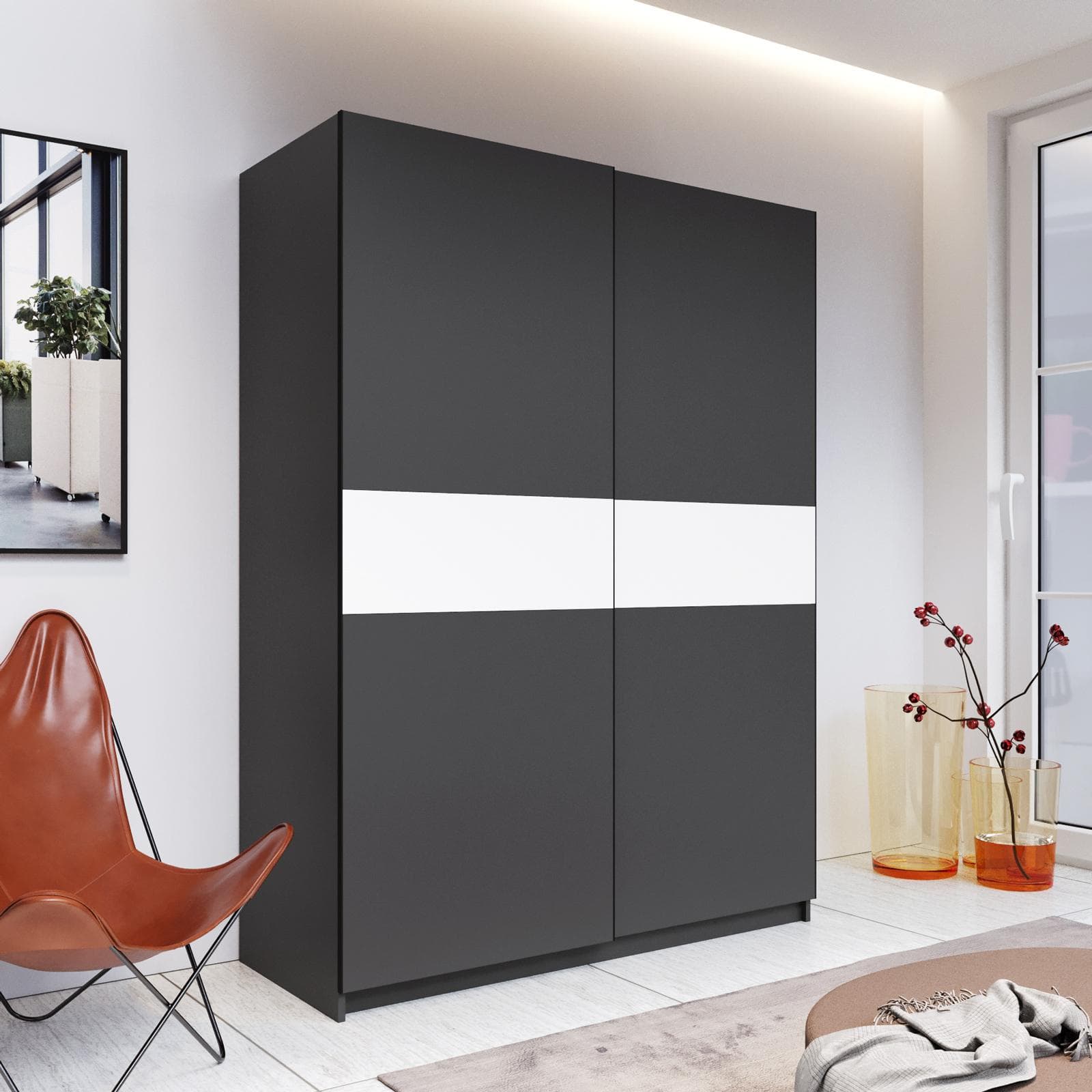 Armadio 150x205h cm con 2 ante scorrevoli antracite con inserto bianco - Essex