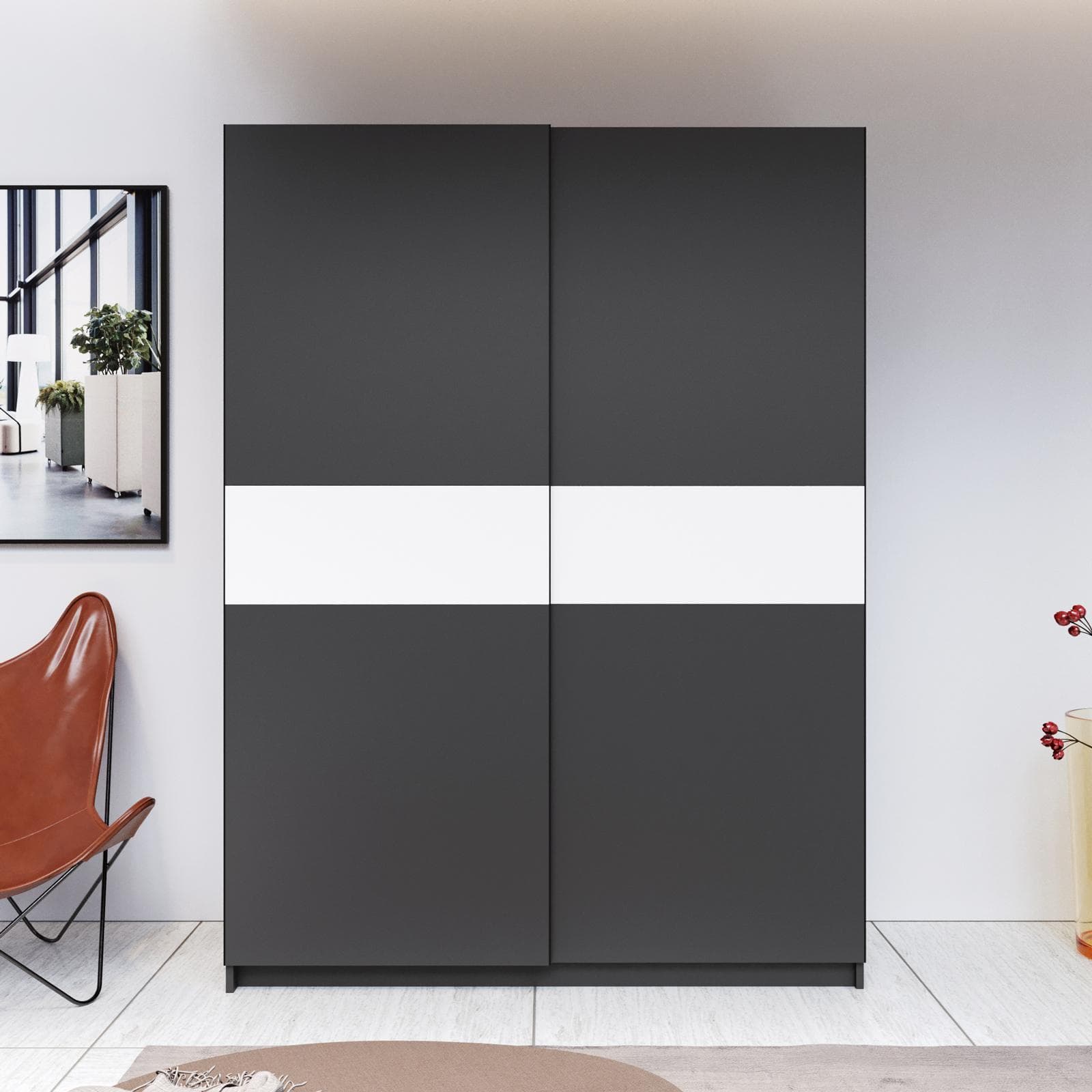 Armadio 150x205h cm con 2 ante scorrevoli antracite con inserto bianco - Essex