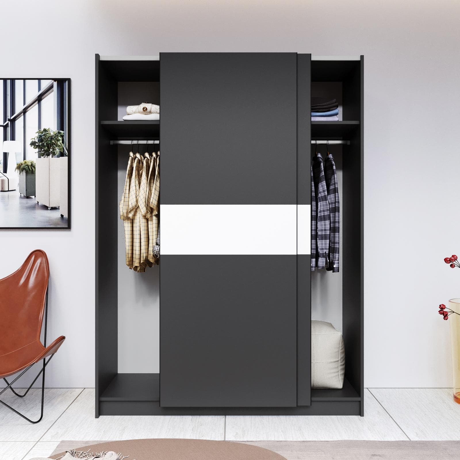 Armadio 150x205h cm con 2 ante scorrevoli antracite con inserto bianco - Essex