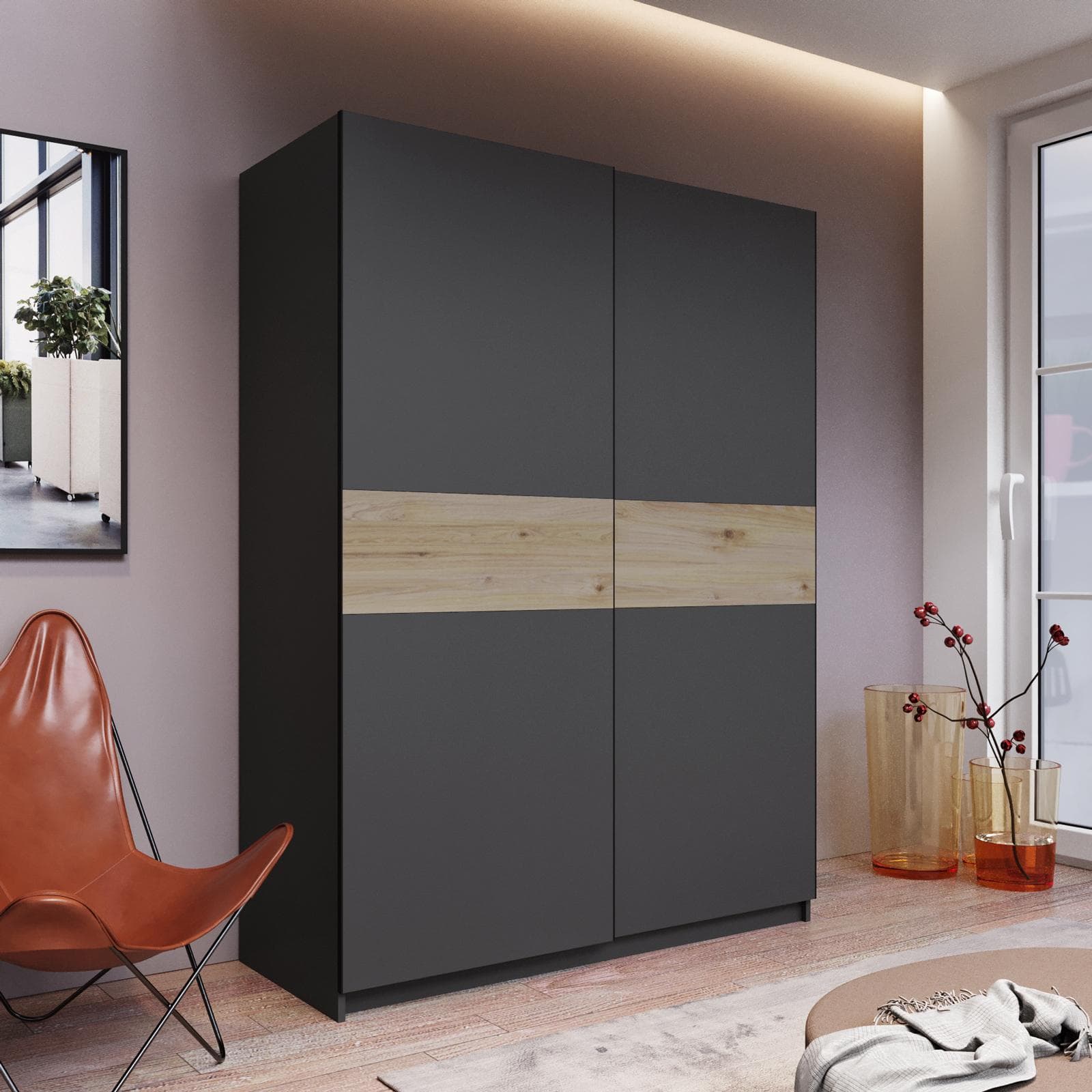 Armadio 150x205h cm con 2 ante scorrevoli antracite con inserto rovere - Essex