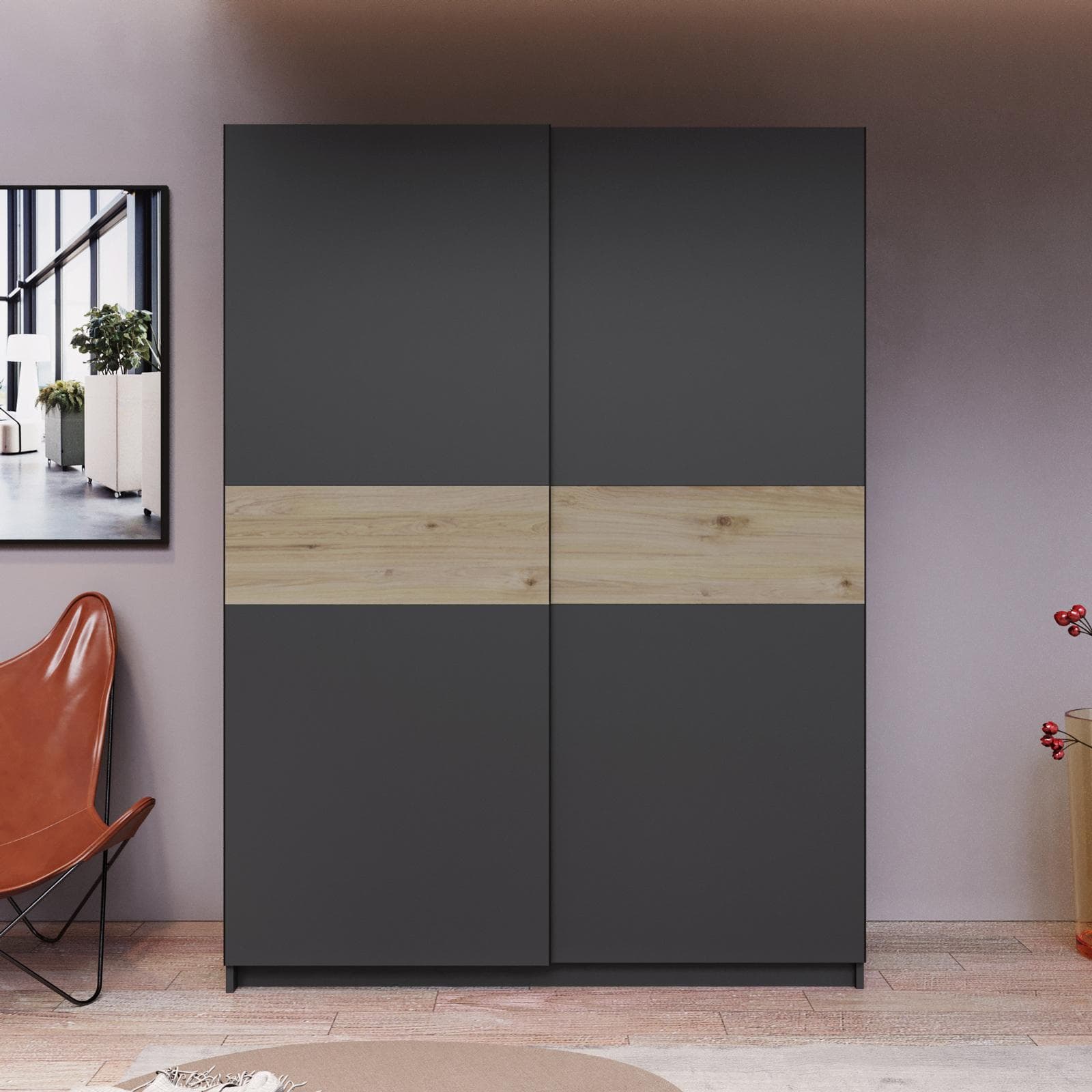 Armadio 150x205h cm con 2 ante scorrevoli antracite con inserto rovere - Essex