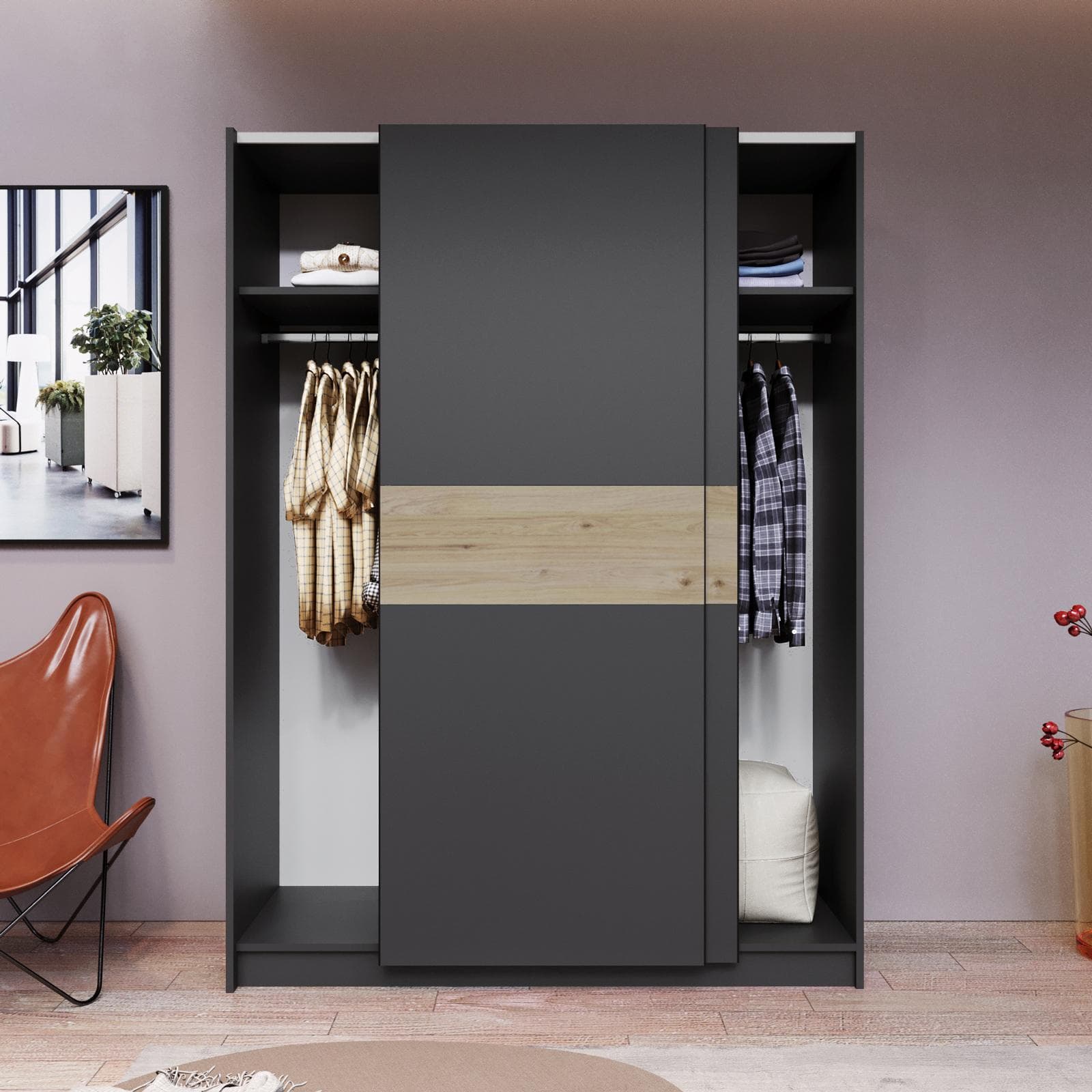 Armadio 150x205h cm con 2 ante scorrevoli antracite con inserto rovere - Essex