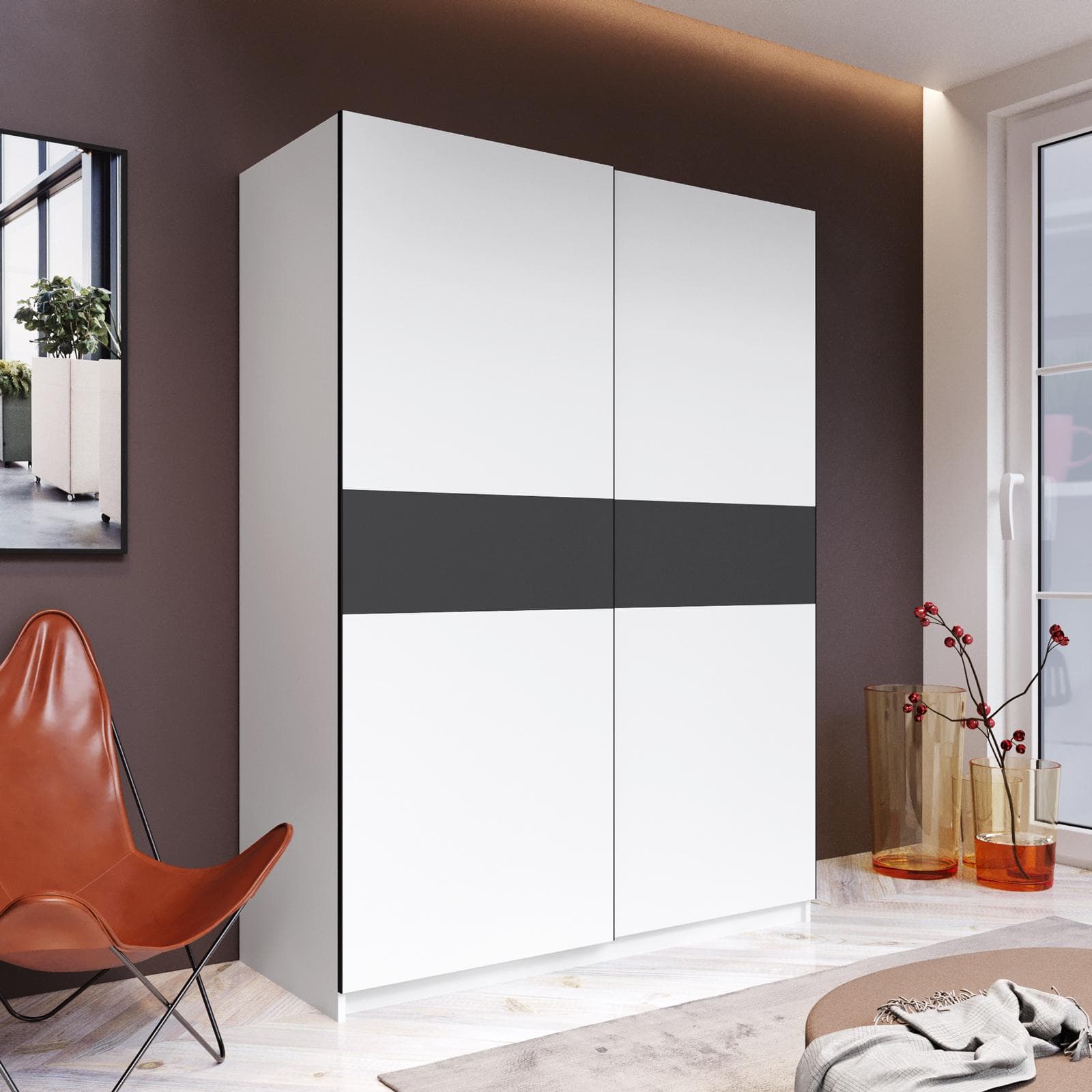 Armadio 150x205h cm con 2 ante scorrevoli bianco con inserto antracite - Essex