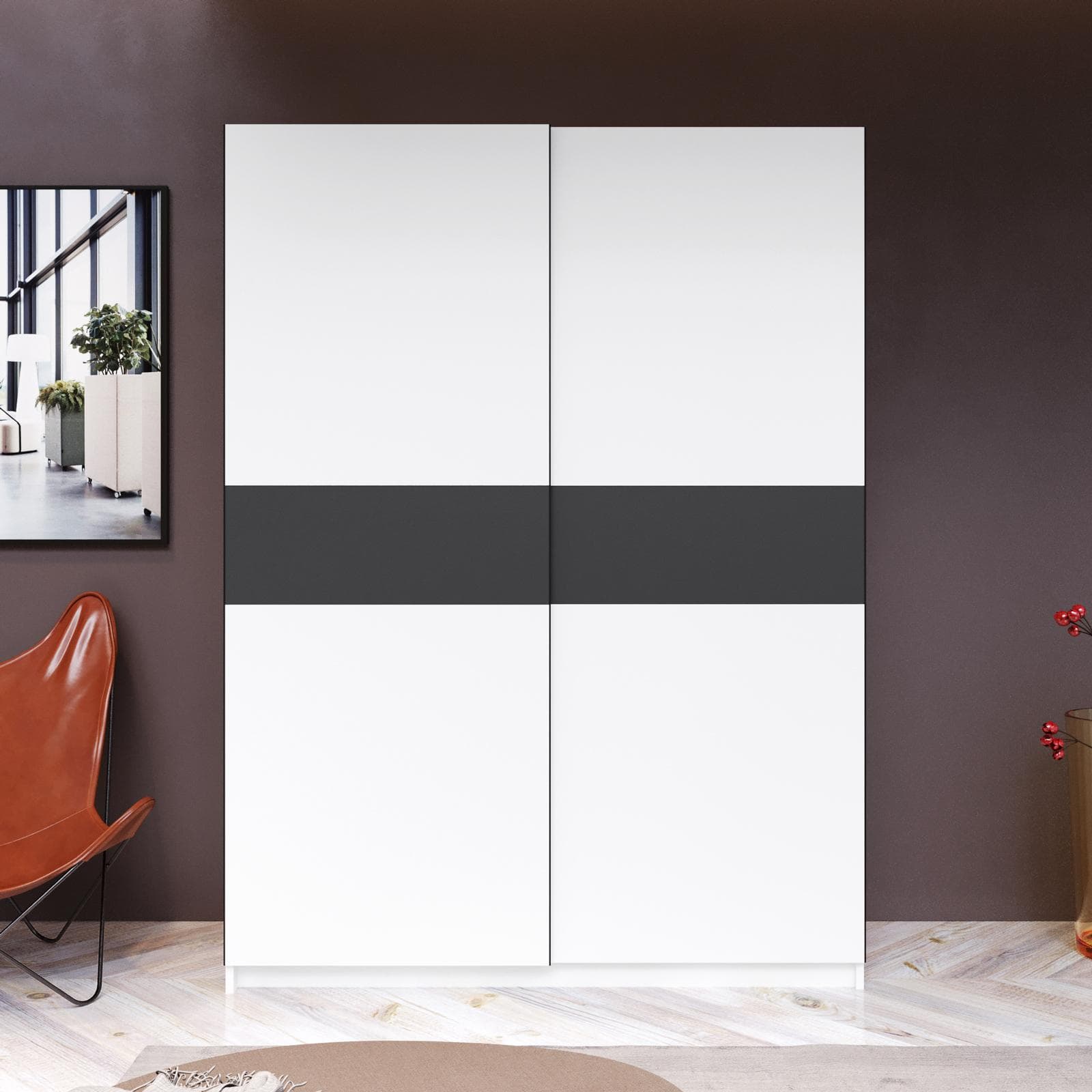 Armadio 150x205h cm con 2 ante scorrevoli bianco con inserto antracite - Essex