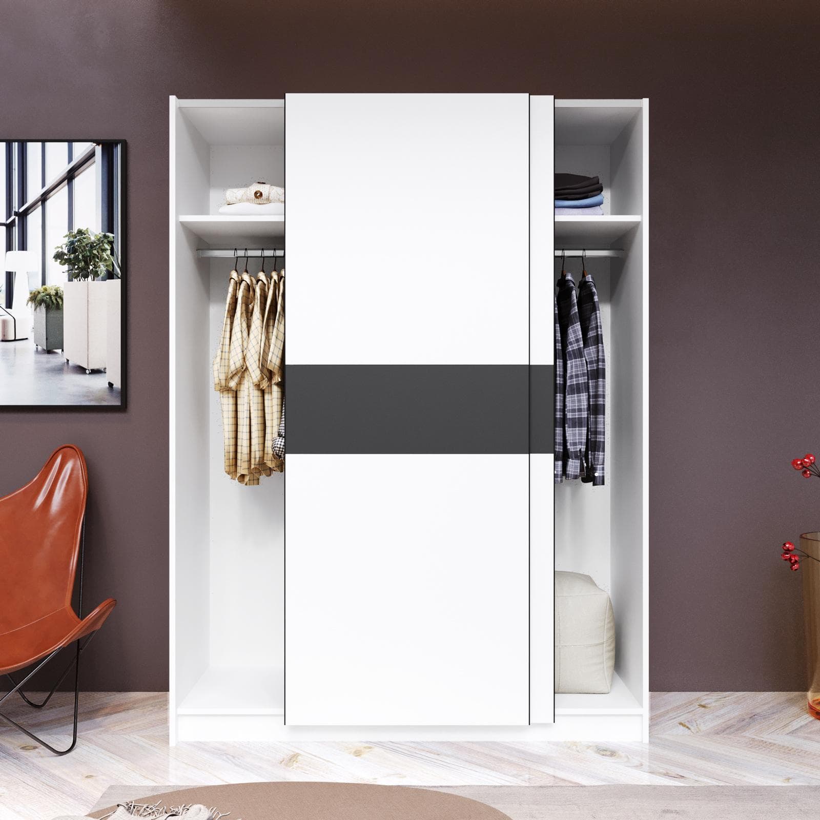 Armadio 150x205h cm con 2 ante scorrevoli bianco con inserto antracite - Essex