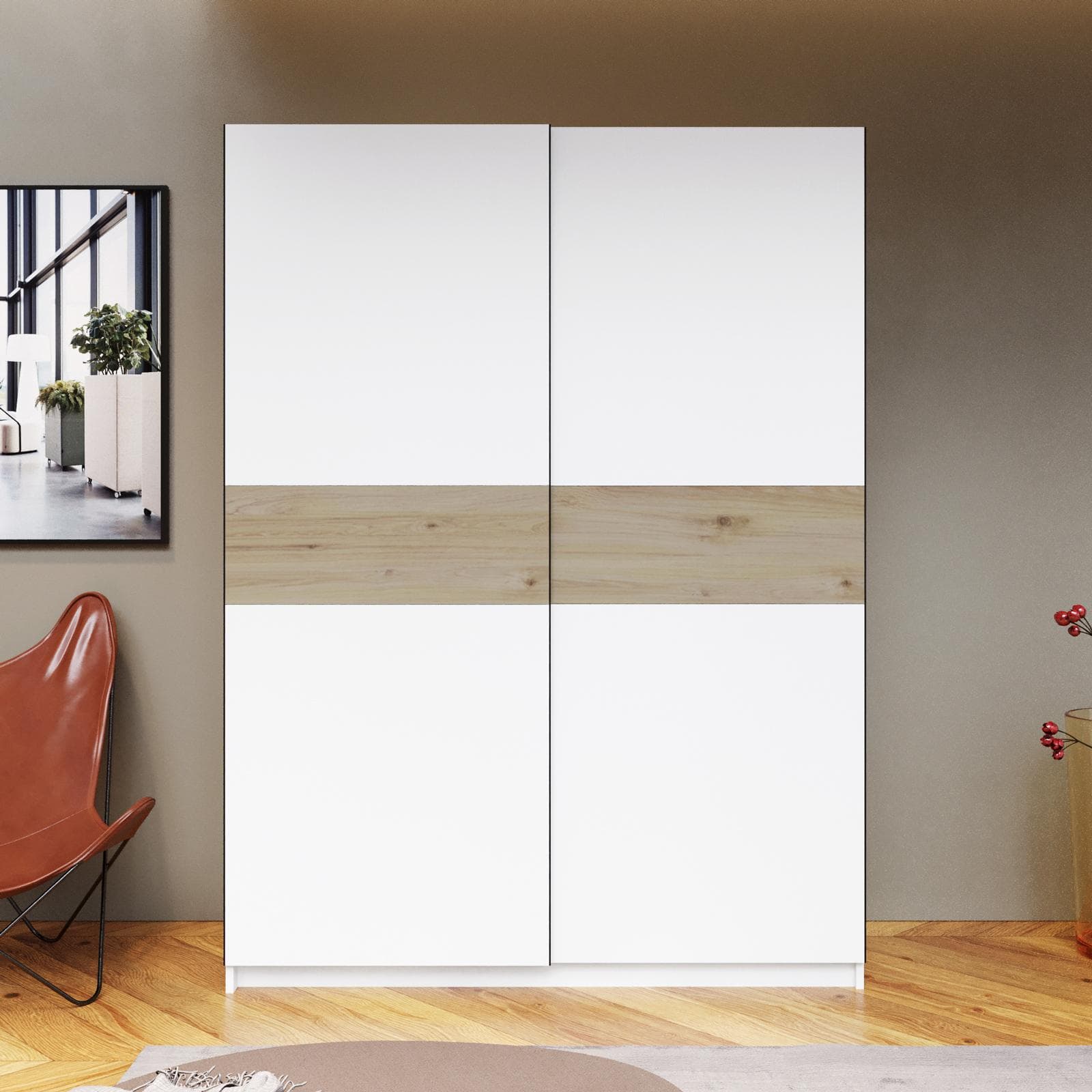 Armadio 150x205h cm con 2 ante scorrevoli bianco con inserto rovere - Essex