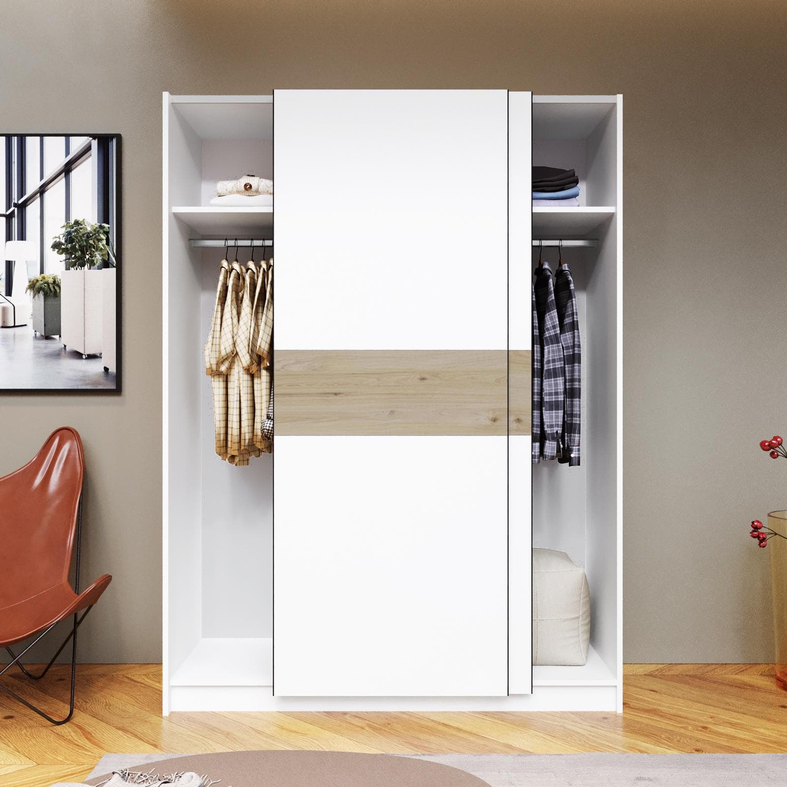 Armadio 150x205h cm con 2 ante scorrevoli bianco con inserto rovere - Essex