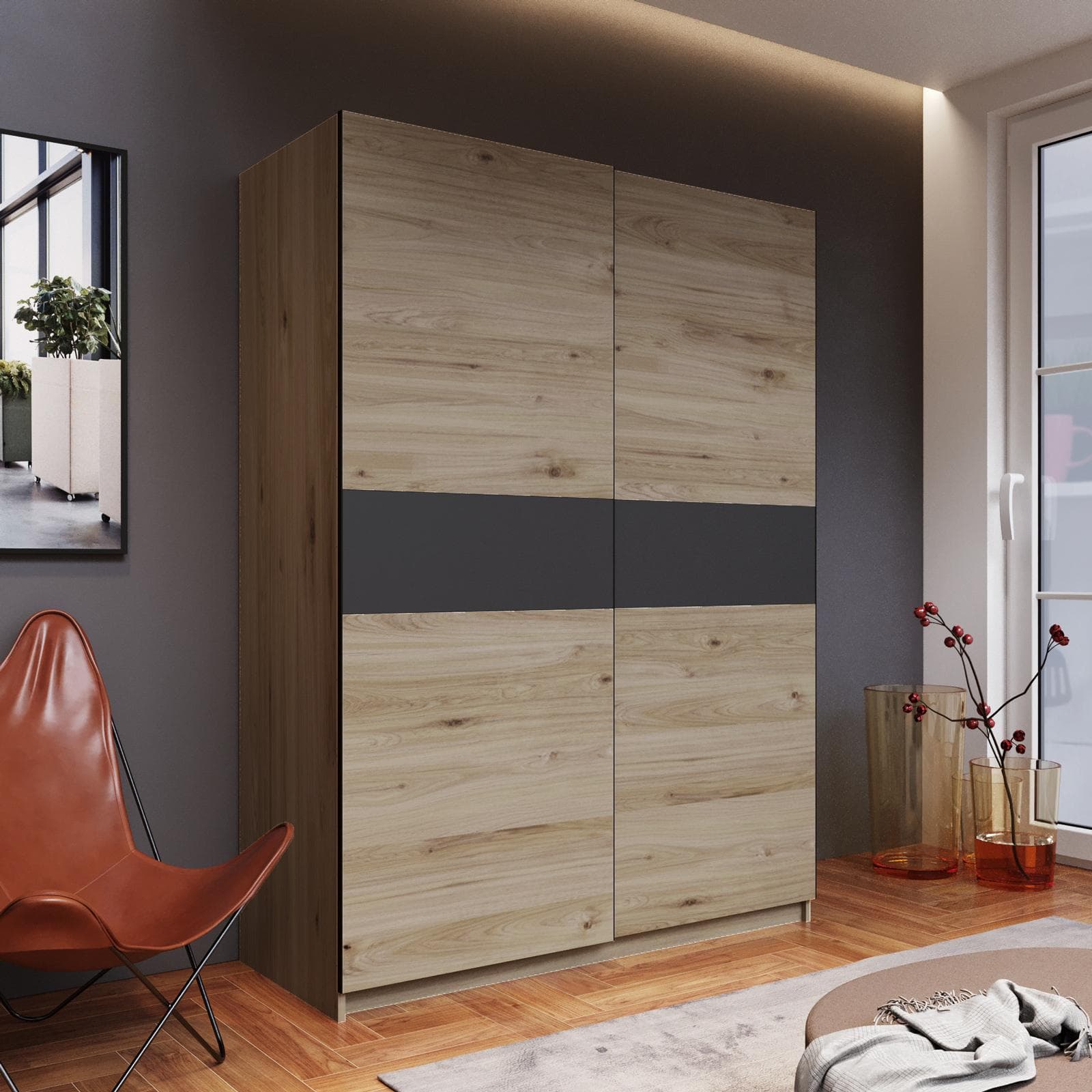 Armadio 150x205h cm con 2 ante scorrevoli rovere con inserto antracite - Essex