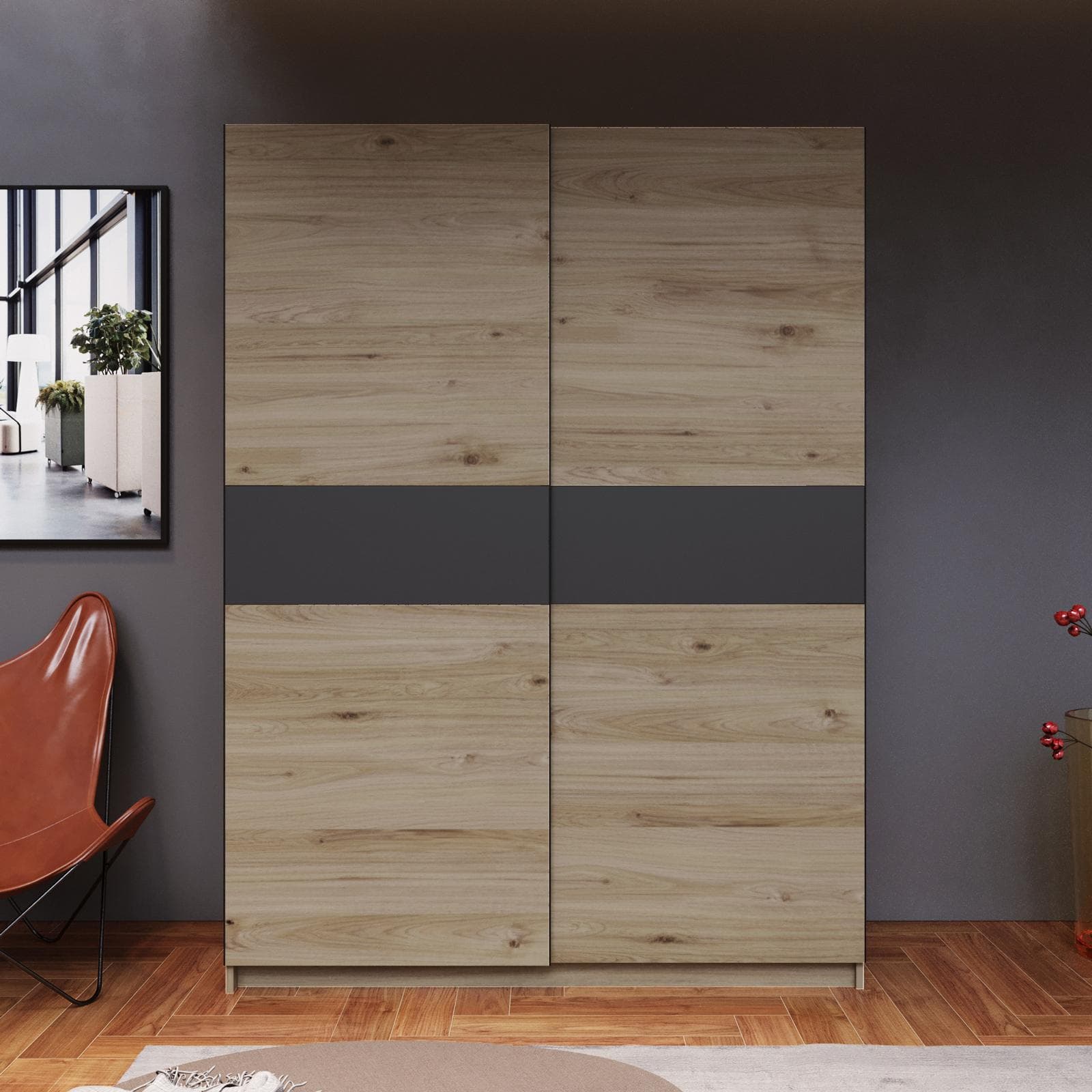 Armadio 150x205h cm con 2 ante scorrevoli rovere con inserto antracite - Essex