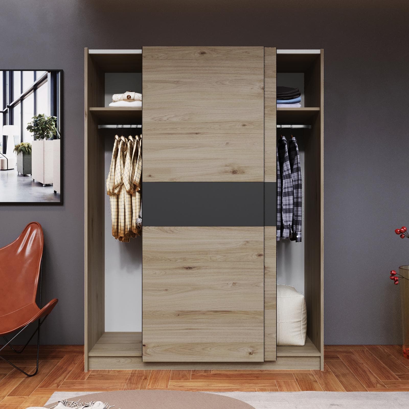 Armadio 150x205h cm con 2 ante scorrevoli rovere con inserto antracite - Essex