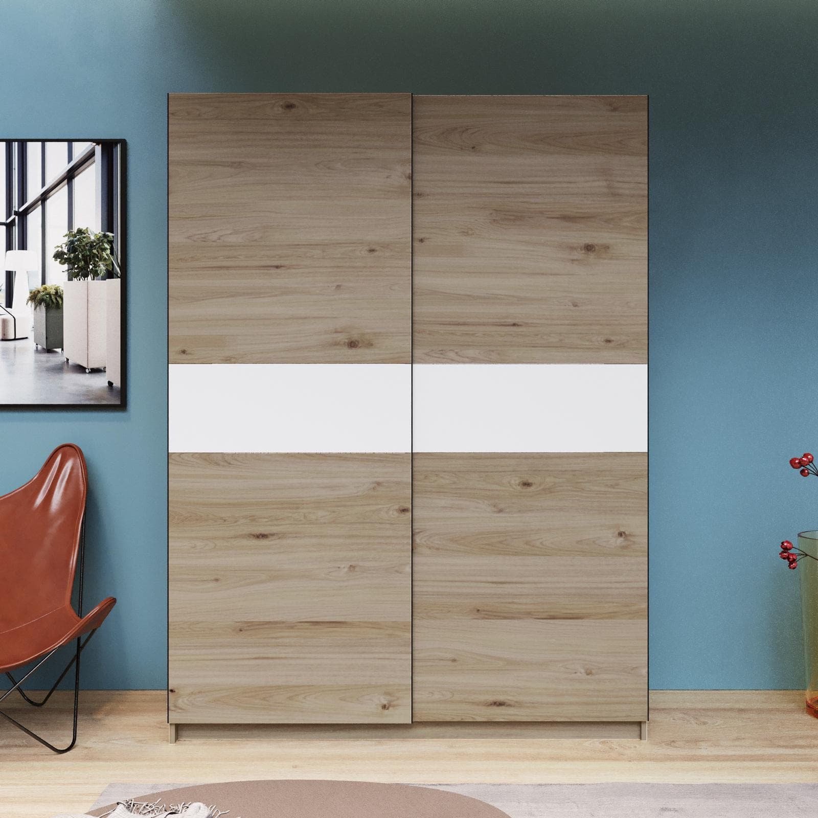 Armadio 150x205h cm con 2 ante scorrevoli rovere con inserto bianco - Essex