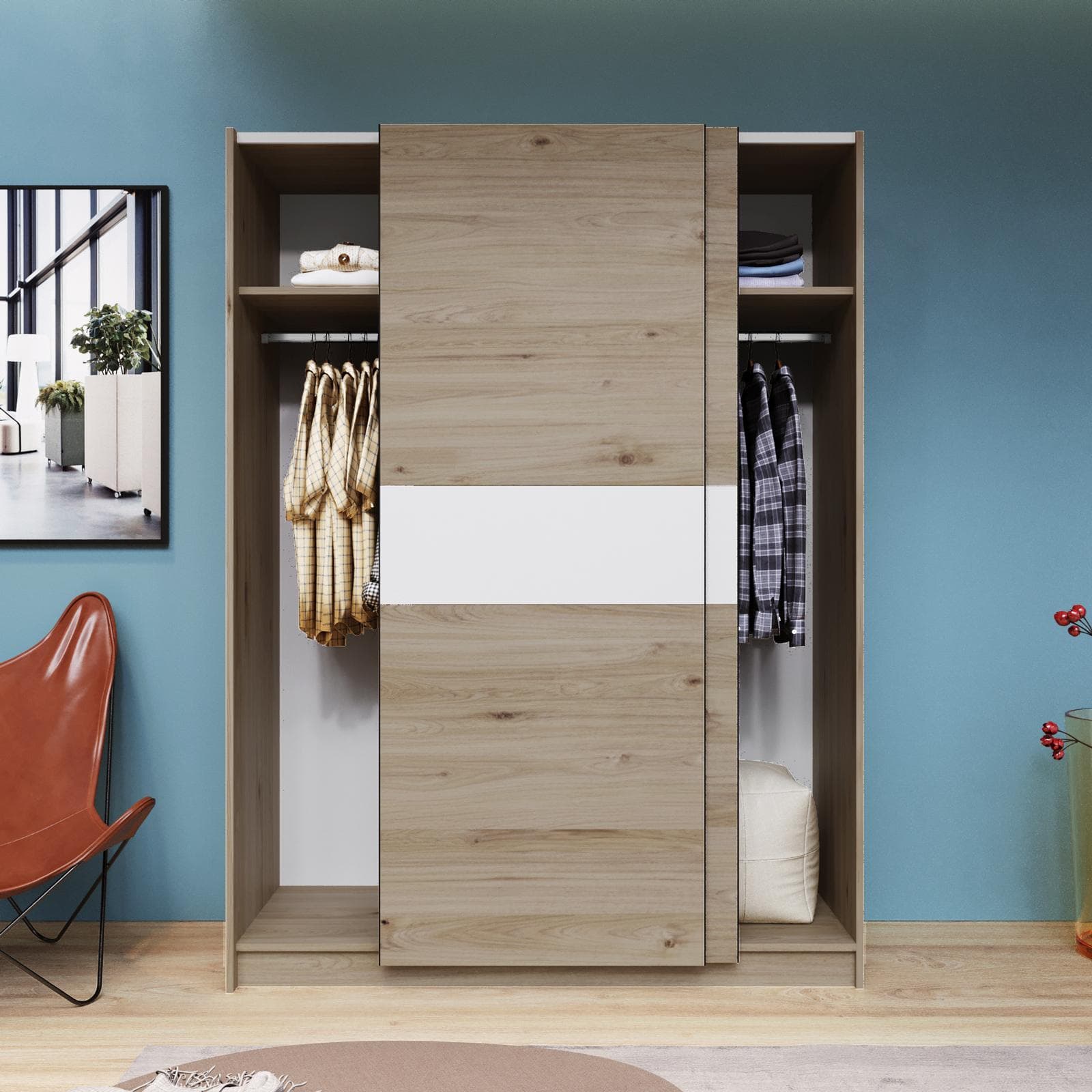 Armadio 150x205h cm con 2 ante scorrevoli rovere con inserto bianco - Essex
