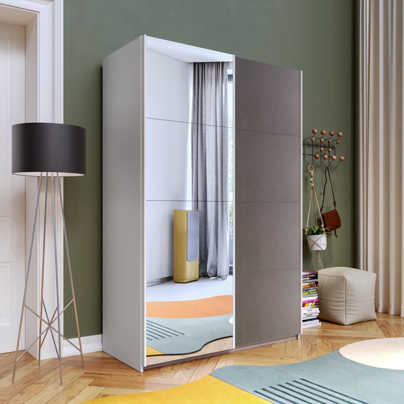 Armadio 150x223h cm bianco con 2 ante scorrevoli bronzo e specchio - Alen