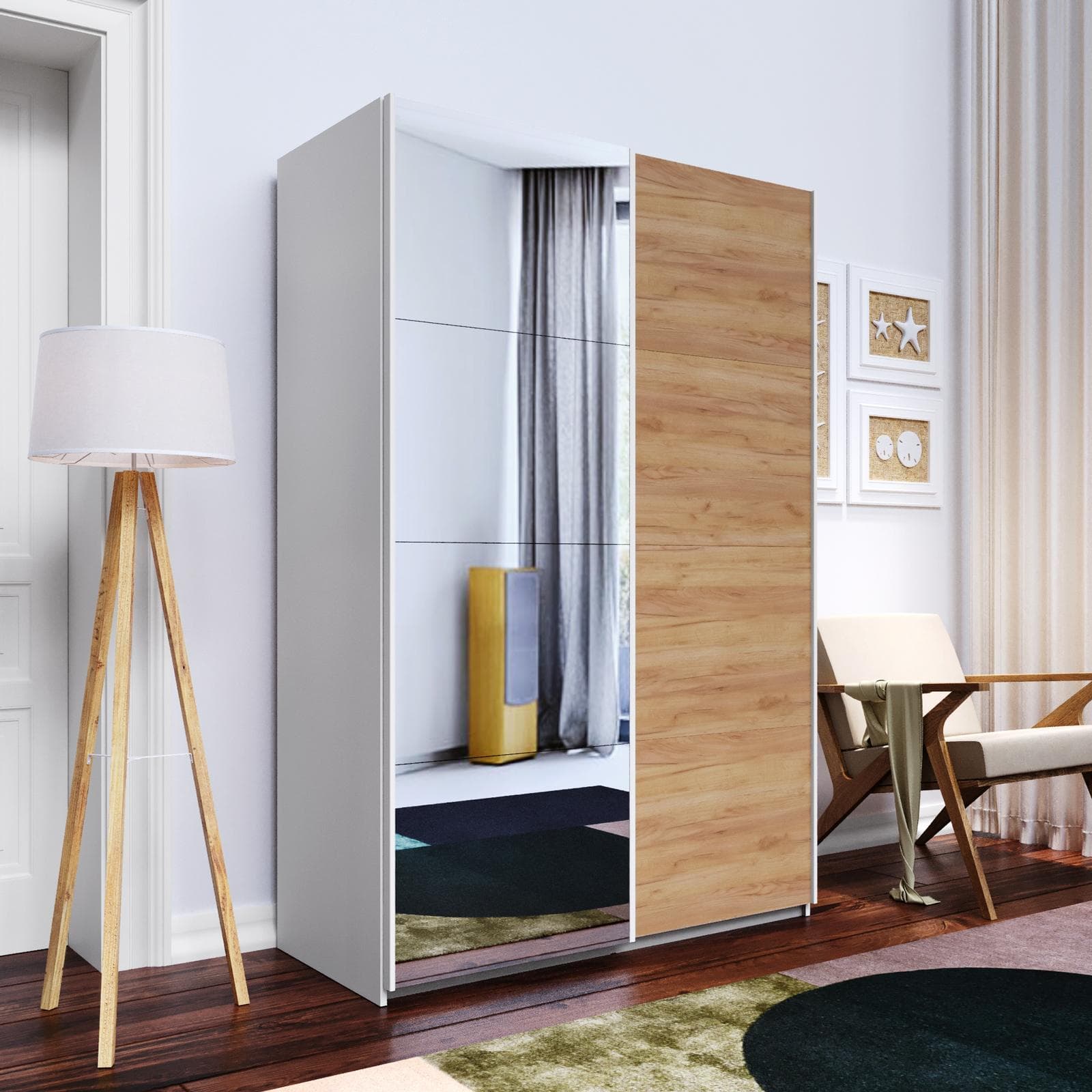 Armadio 150x223h cm bianco con 2 ante scorrevoli rovere gold e specchio - Alen