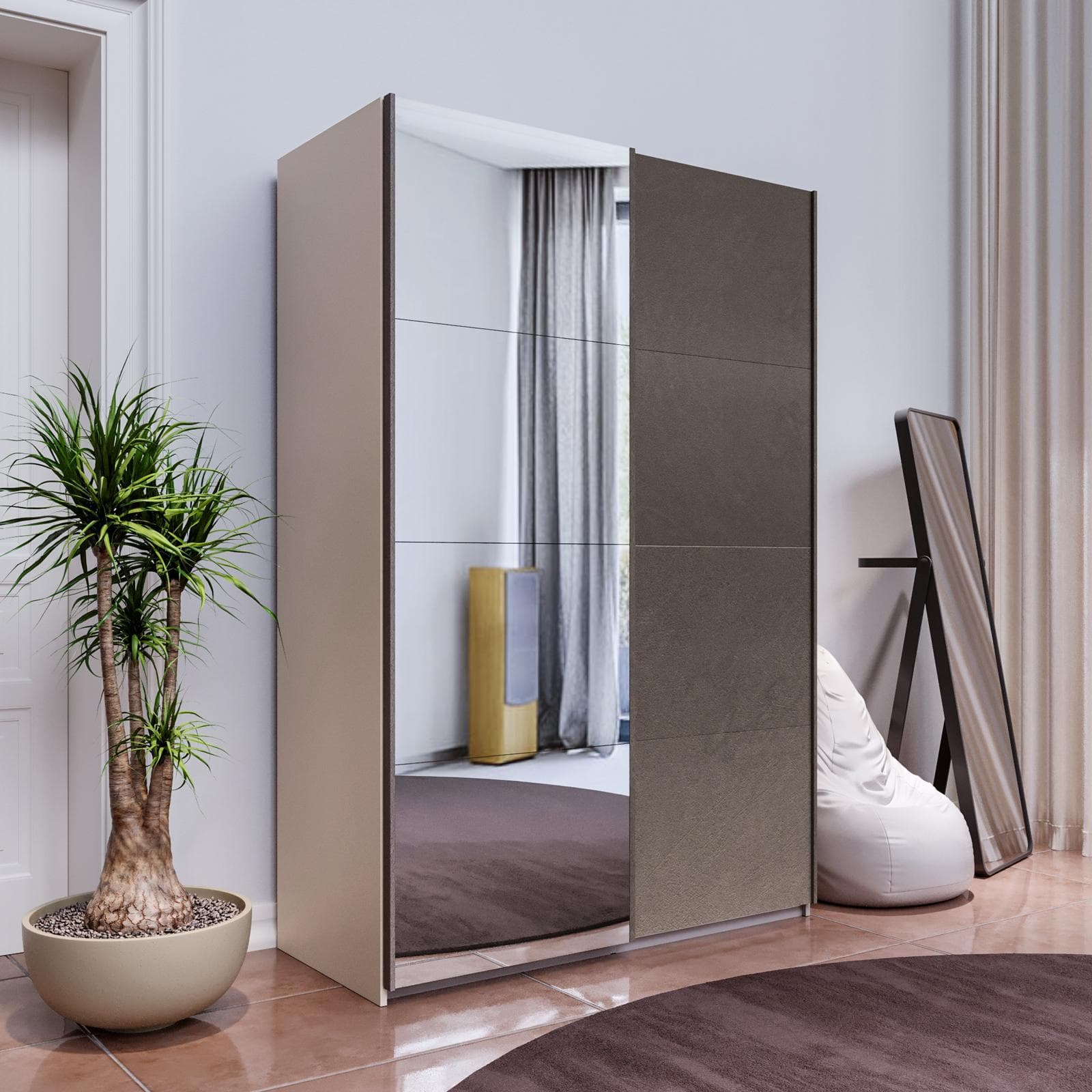 Armadio 150x223h cm cashmere con 2 ante scorrevoli bronzo e specchio - Alen