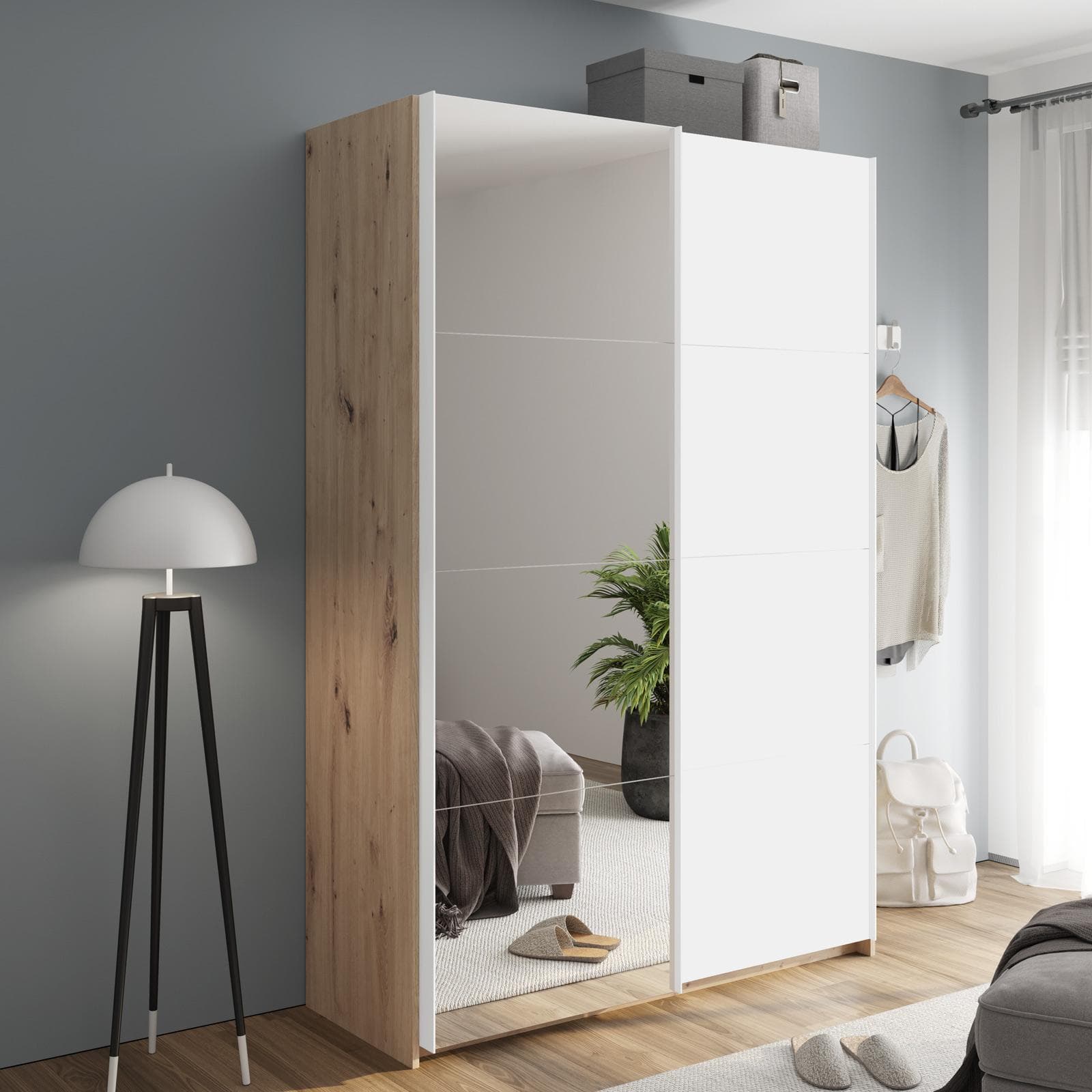 Armadio 150x223h cm rovere artisan con due ante scorrevoli bianco opaco e specchio - Alen