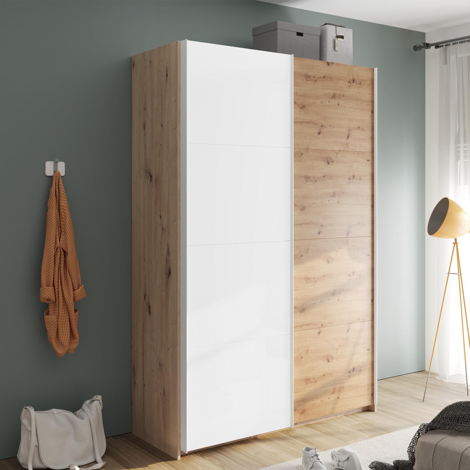 Armadio 150x223h cm con due ante scorrevoli bianco opaco e rovere artisan - Alen