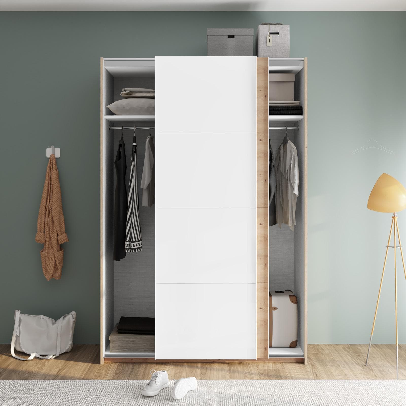 Armadio 150x223h cm con due ante scorrevoli bianco opaco e rovere artisan - Alen