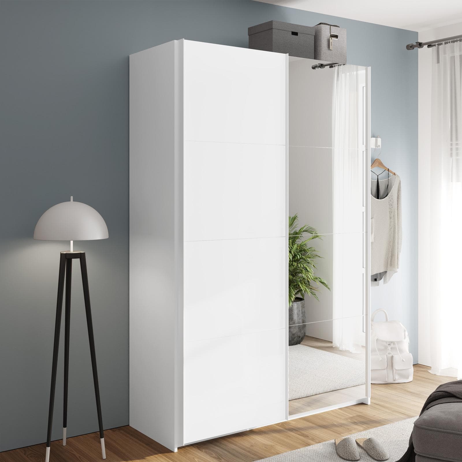 Armadio 150x223h cm con due ante scorrevoli bianco opaco e specchio - Alen