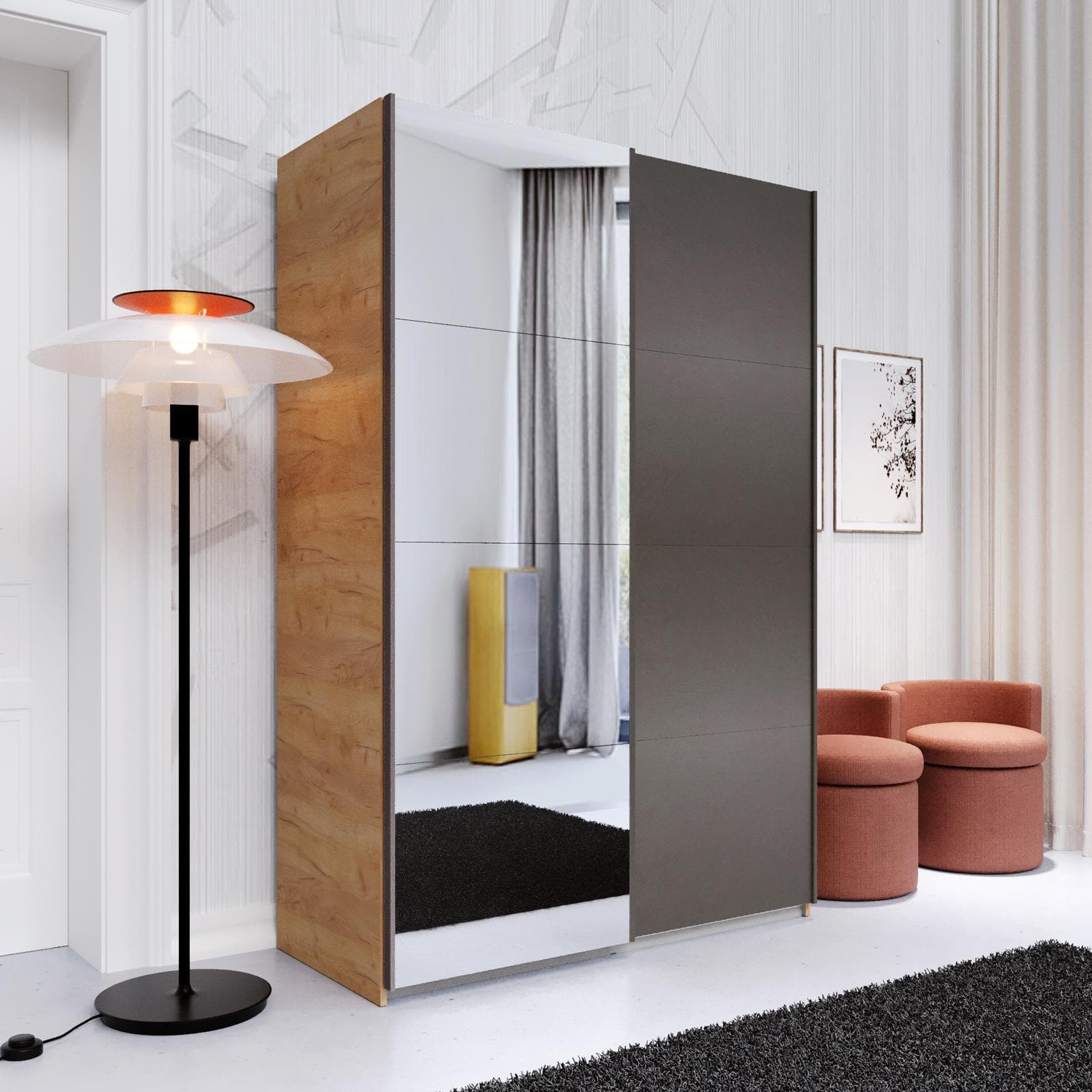 Armadio 150x223h cm rovere gold con 2 ante scorrevoli bronzo e specchio - Alen